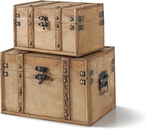 SLPR Troncos decorativos pequeños de almacenamiento para decoración del hogar, juego de 2, baúl de memoria de madera vintage, cajas de madera