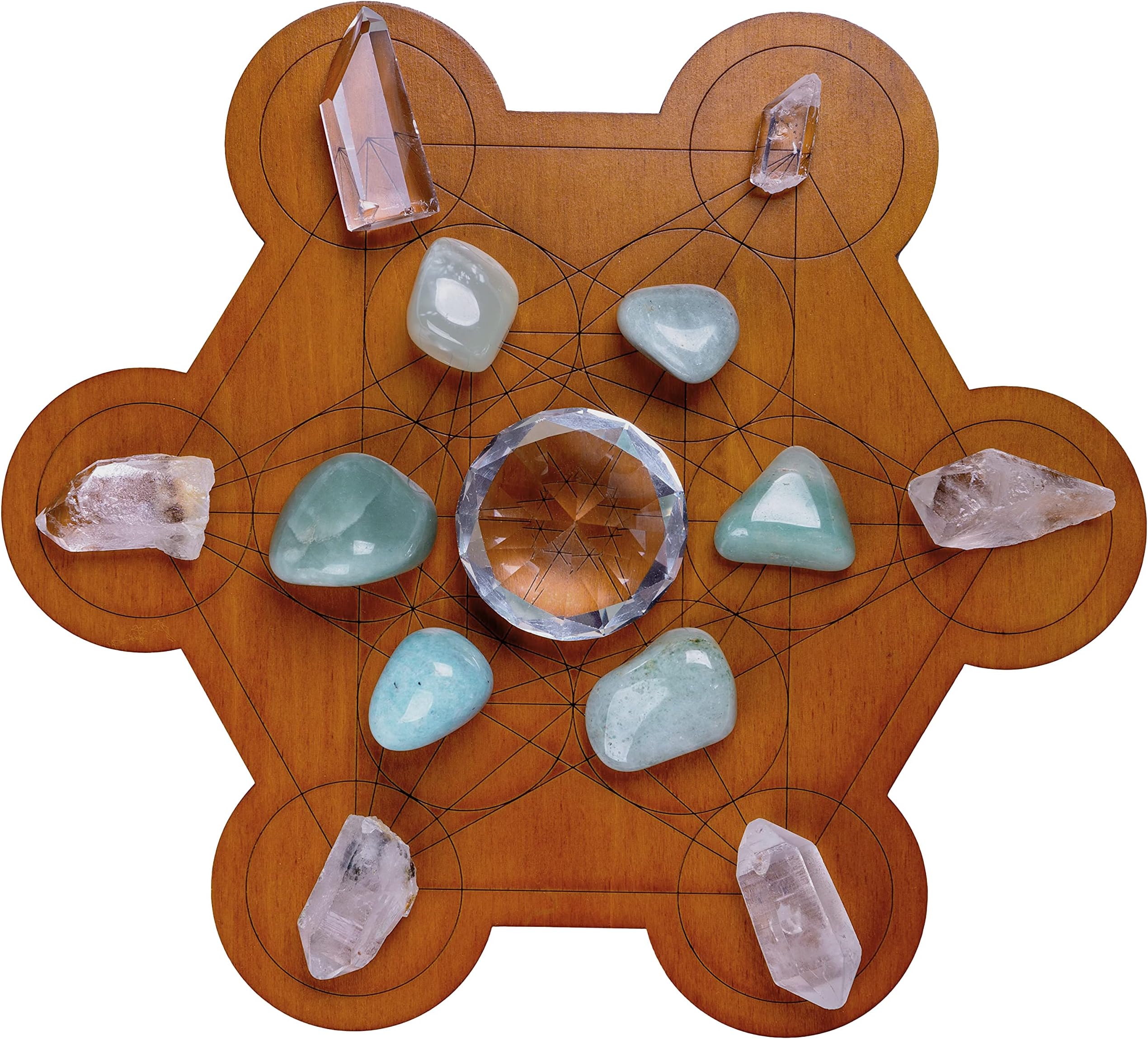 Curawood Crystal Grid Board for Stones - 10" Diameter Metatron's Cube Sacred Geometry Board - Amplify the Power of Your Crystals - Chakra Grid Plate, Altar Decor - Cubo de Metatron