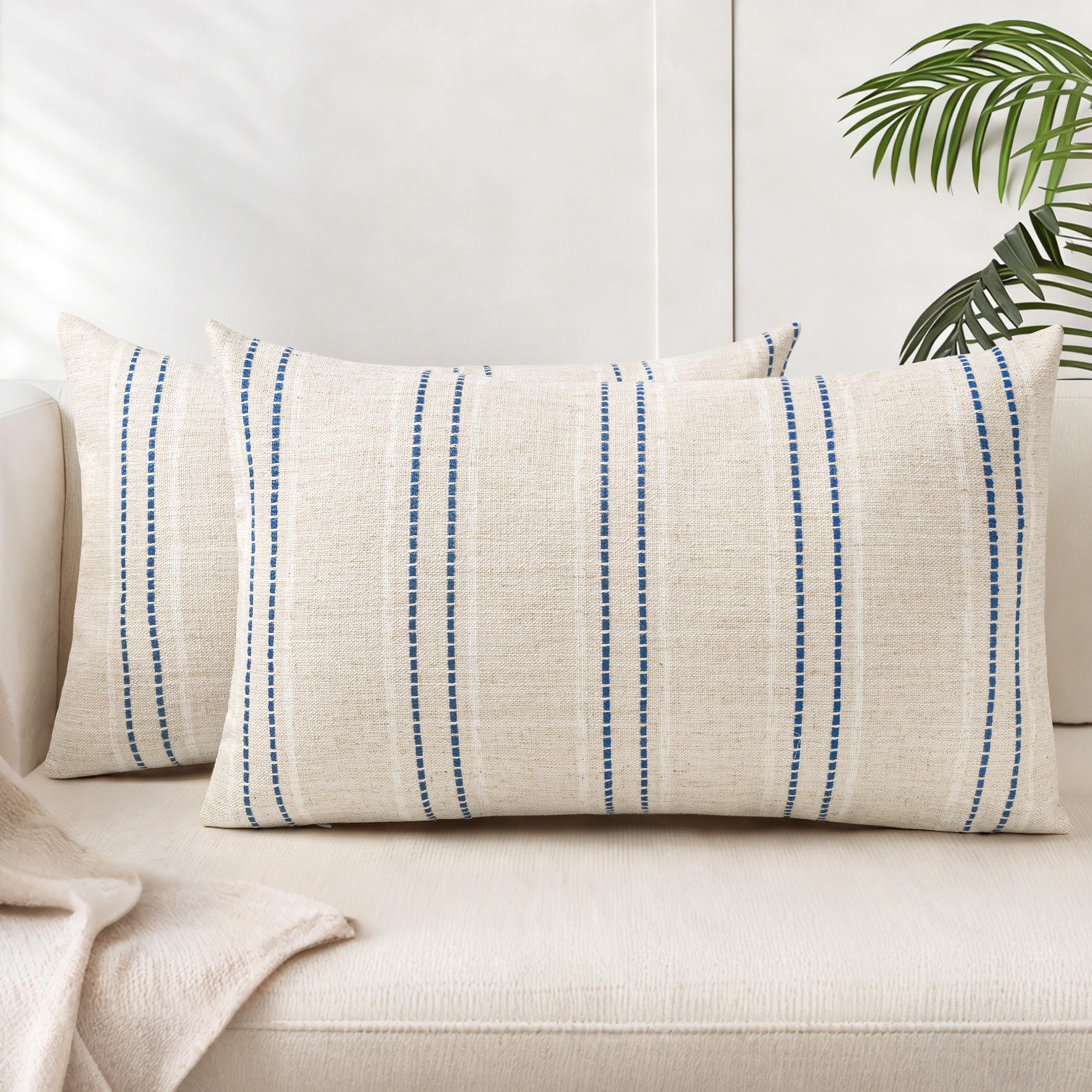 AELS 12x20 Decorative Farmhouse Linen Throw Pillow Covers, Boho Textured Pillow Case, Set of 2, Beige with White & Navy Blue Stitch Yarn Dyed Stripe Cushion Cover for Couch Living Room (Cover ONLY)