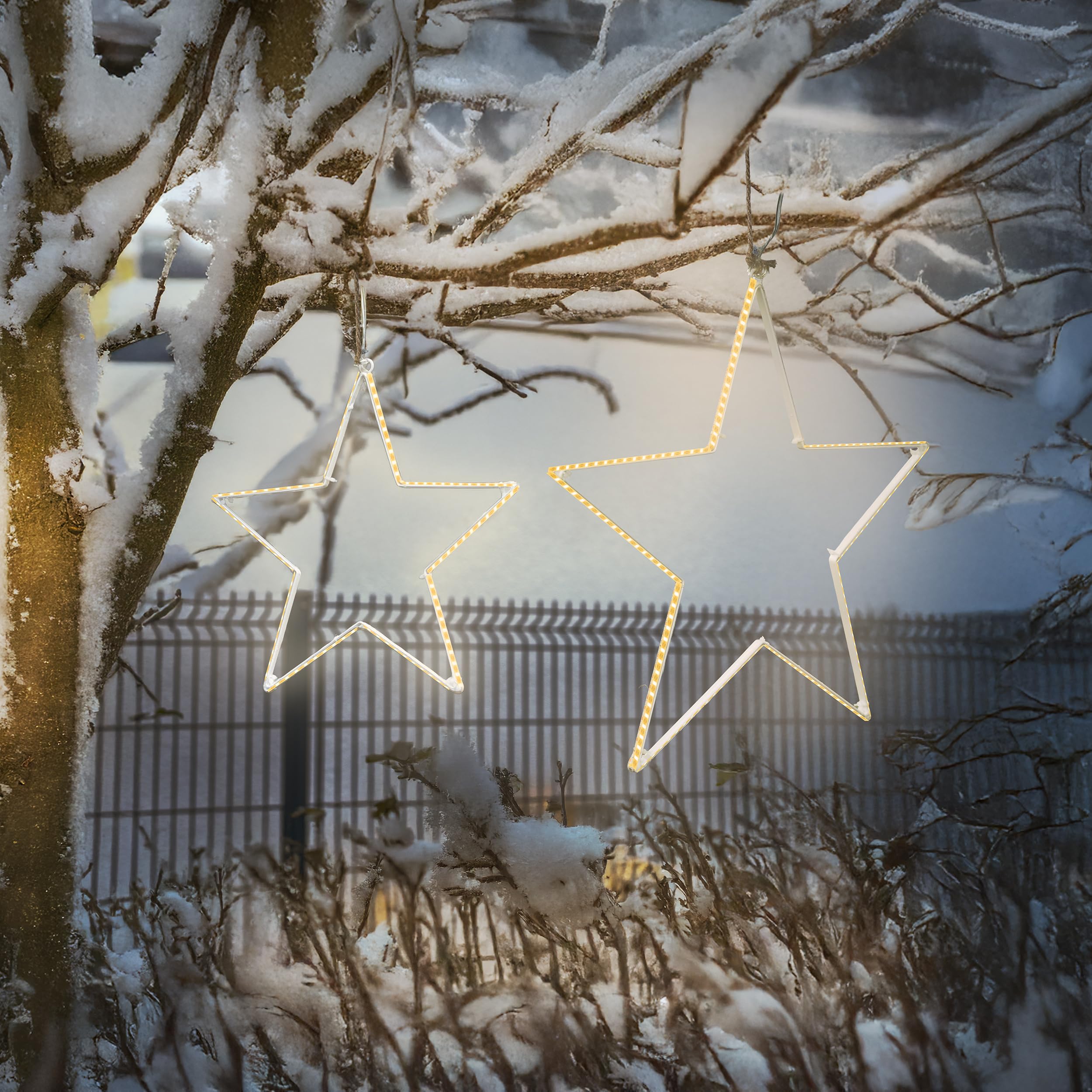 Esotec Solar Leuchtsterne Set Weihnachtsdeko außen Garten LED Sterne 103426 | 2 Solar Leuchtsterne Ø30/40cm, 134/180 LEDs 2800K, ca.10Std, Li-Ion Akku wechselbar, je 1,2Wp Solarmodul, 5m Zuleitung, IP44
