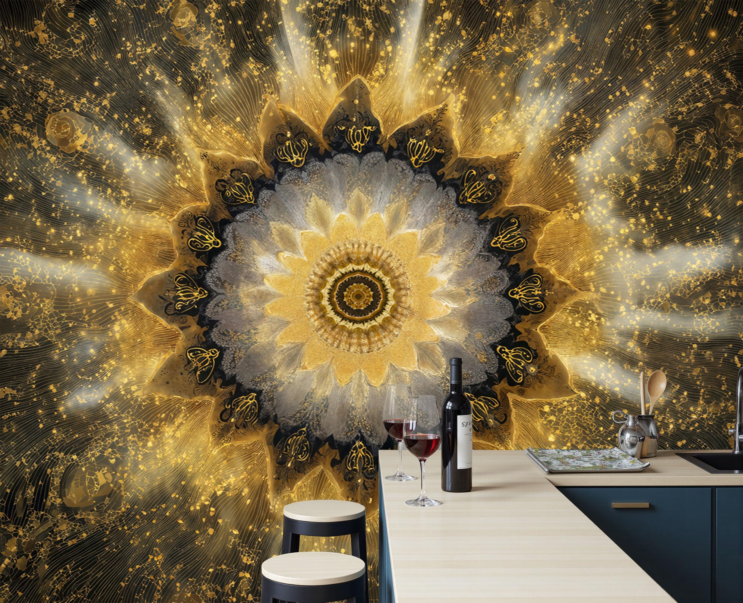 Carta Da Parati Motivo Mandala Dorato 250x175cm Fotomurali in Seta Murale, Decorazione Da Muro Xxl Poster Gigante Design Carta per Pareti Soggiorno Meditazione Ispirata Allo Zen, Oro