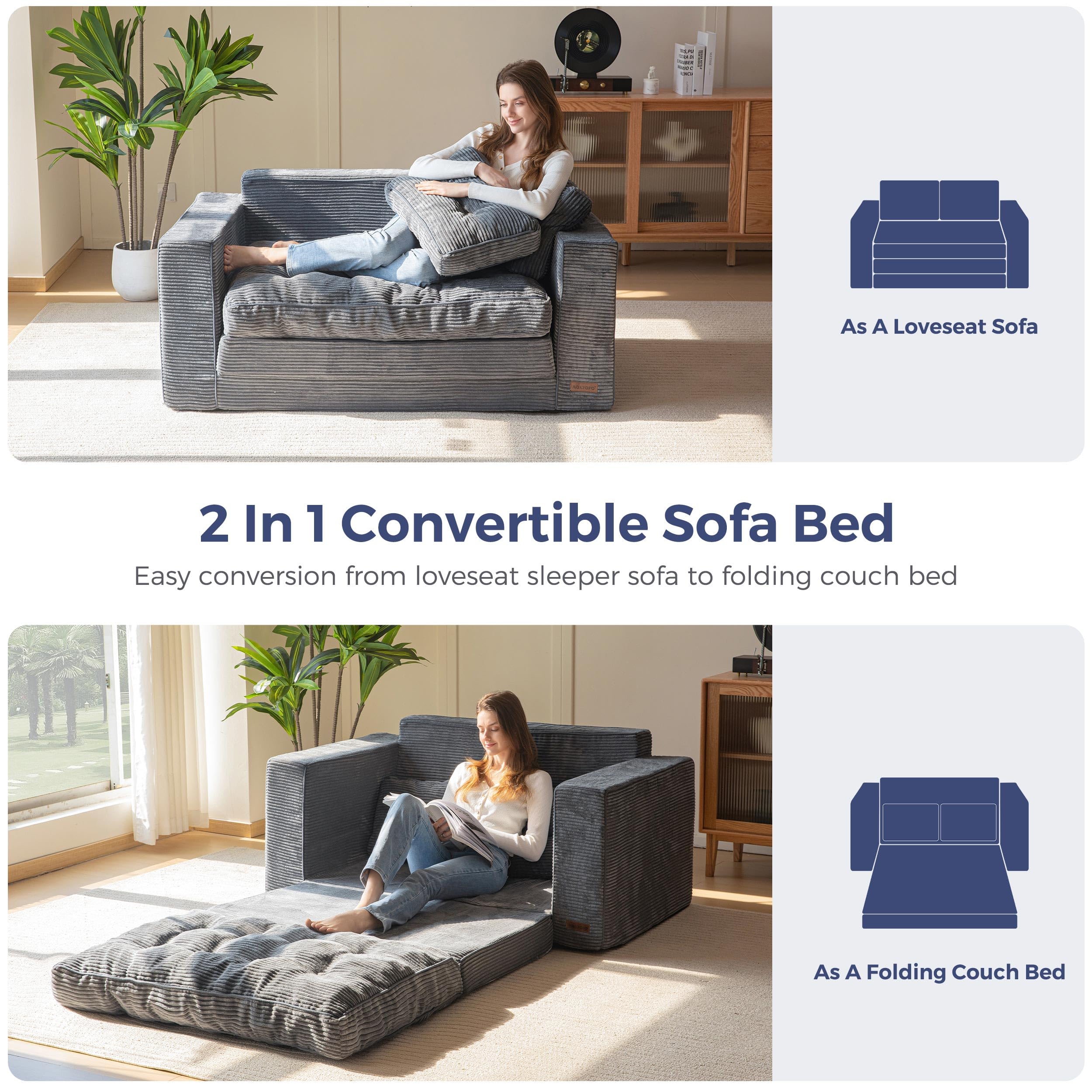 Sofá cama convertible, sofá biplaza extraíble, sofá cama plegable 2 en 1, sofá cama plegable con almohadas para sala de estar, dormitorio, sala de estar, color gris oscuro 3