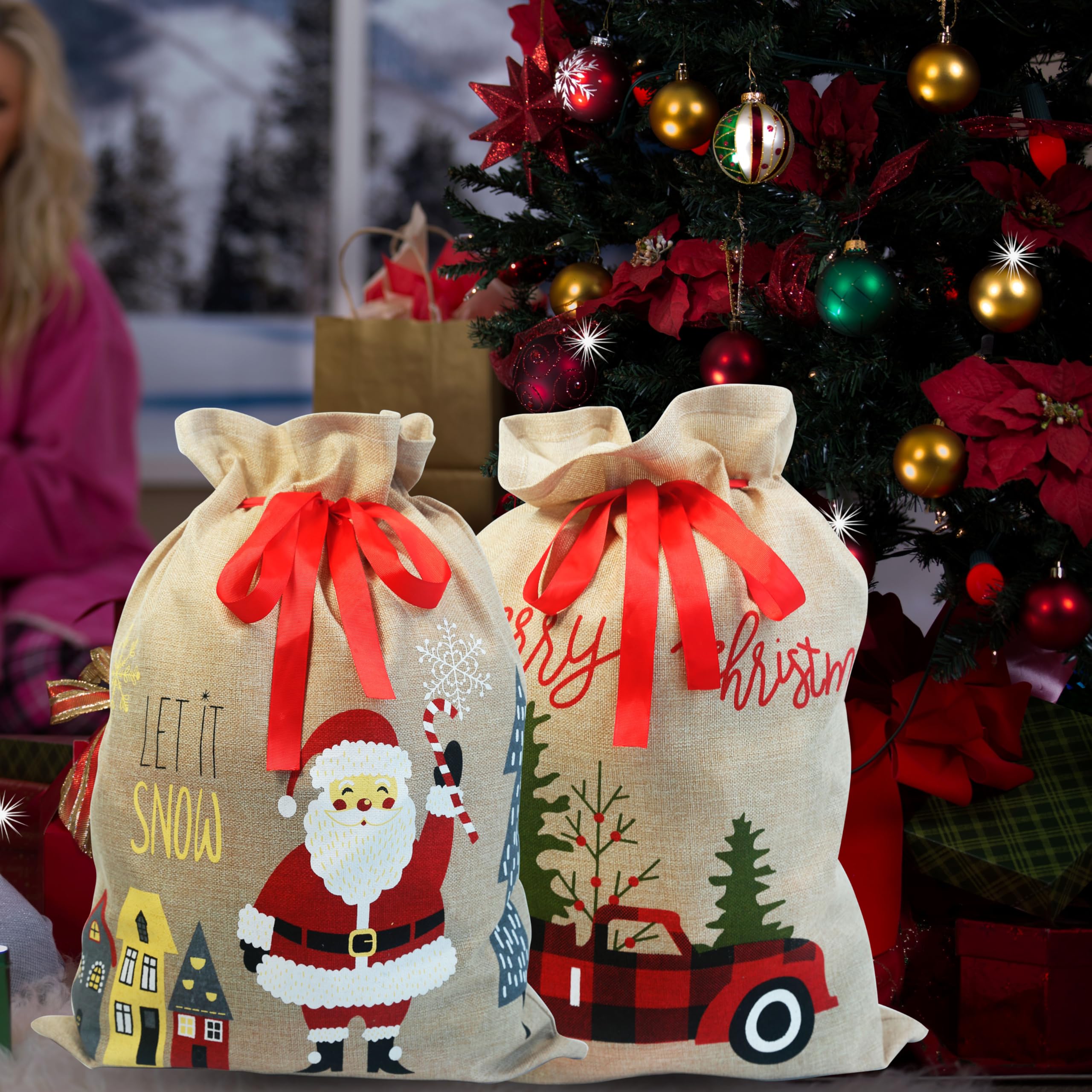 com-four® 2X Sacco Natalizio Premium - Sacco Regalo Rosso da riempire - Sacchetto Natalizio con Palline Come Decorazione e Ottima Confezione Regalo