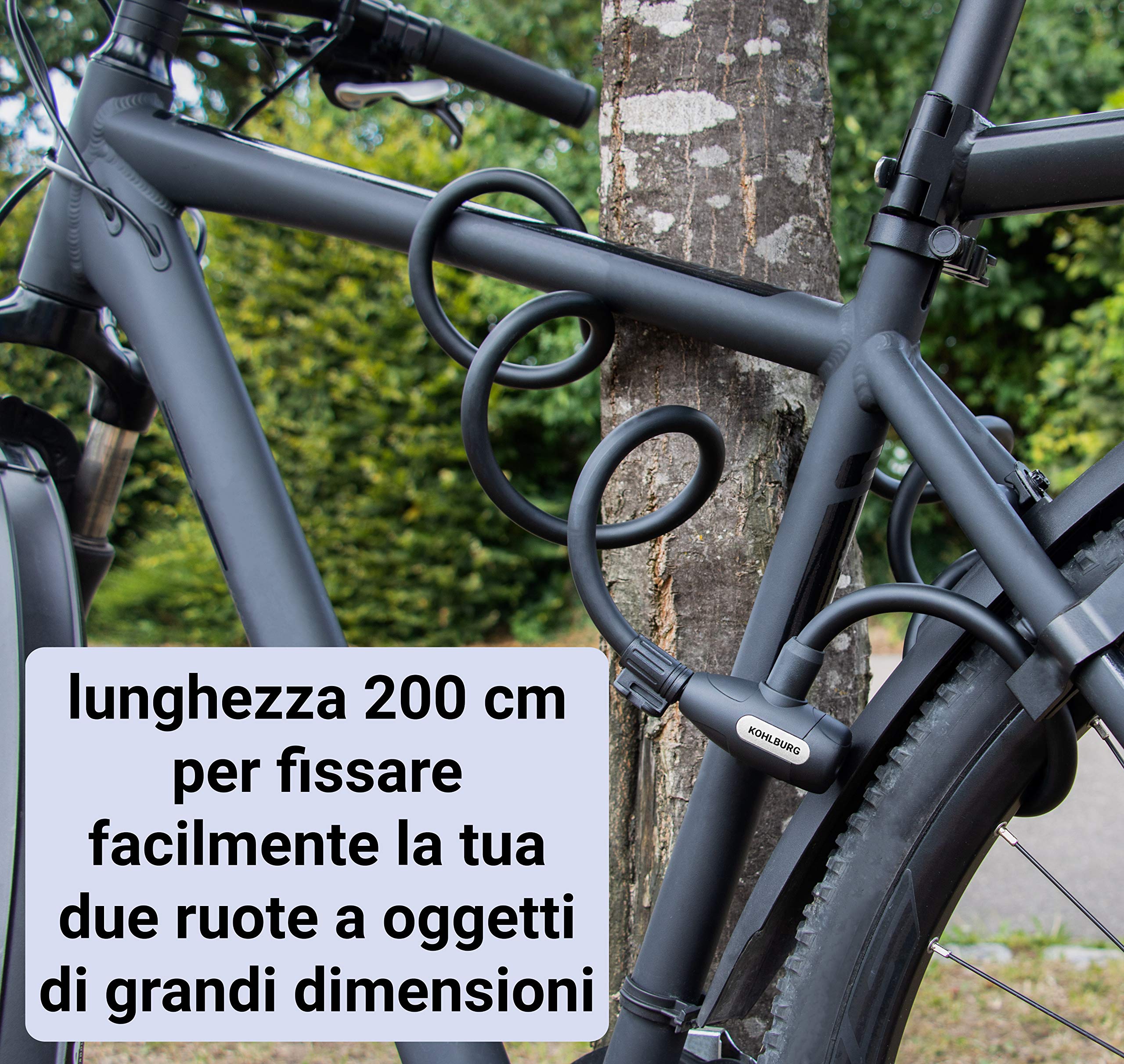 KOHLBURG dispositivo antifurto lungo 200 cm - facilmente richiudibile senza chiave - lucchetto per bicicletta con fissaggio - dispositivo antifurto a spirale per bicicletta e passeggino