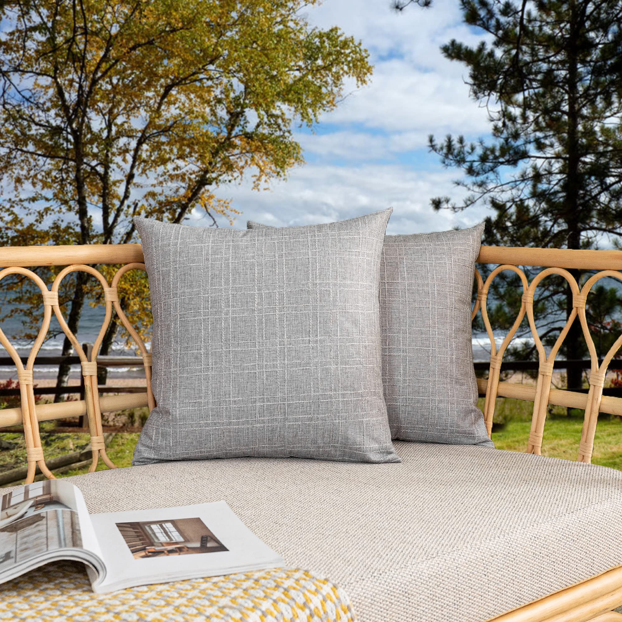 K KEVIN TEXTILE Pack of 2 Outdoor Waterproof Throw Pillow Covers Decorative Farmhouse Checkered Square Solid Cushion Cases for Patio Garden Porch Sofa Grey 18x18 inch