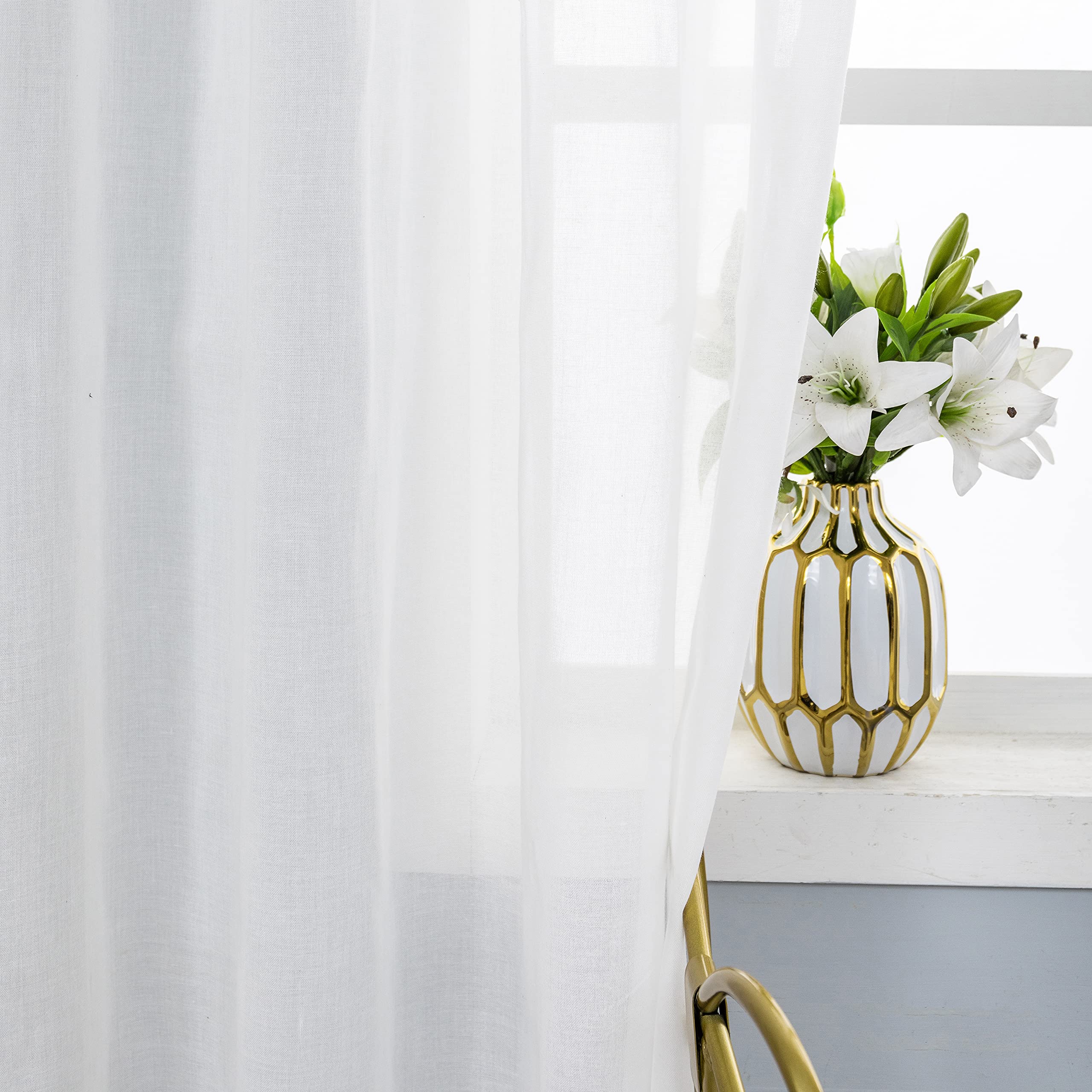GIRASOLE HOME Paire de rideaux blancs semi-transparents, ourlet supérieur beige avec dentelle, pour fenêtre, porte, salon, chambre et chambre à coucher, 2 panneaux avec œillets 140 x 280 cm