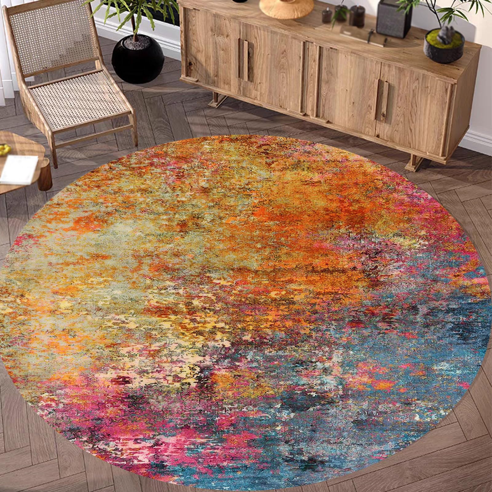 Yaaxinb Teppich Rund, 130 cm, Kurzflor Teppiche Modern Designer Wohnzimmer Schutzmatten Waschbare Matten,Modern Abstrakt Blau Fuchsia Rosa Orange Mehrfarbig,Bunt