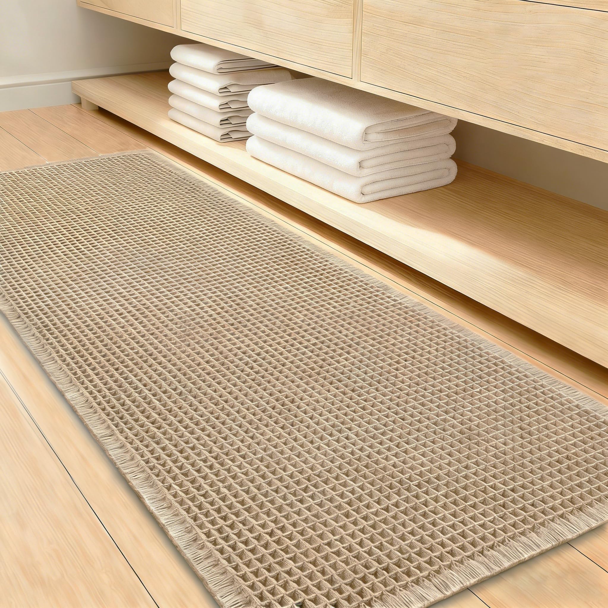 1Pcs Waffle Bath Mat Non Slip Beige-Brown Bathmat Anti Slip Bathroom Mat Quick Dry Bath Mat Set Anti Mould Absorbent Machine Washable Bathroom Floor Mats Shower Mat Accessories (1xBrown-60x180cm)
