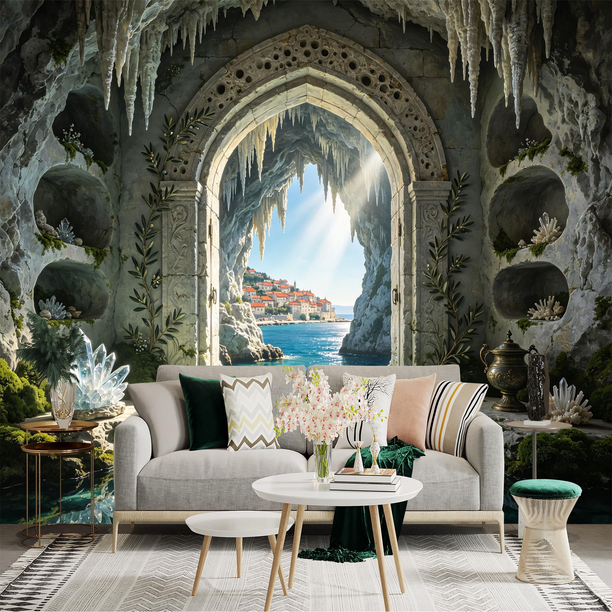 Custom Size Wall Sticker Mural， Fantasy Cave Archway， Crystal Grotto， Coastal Sea View， Stone Tunnel， for wall Decoration， peelandstick wall Decals.