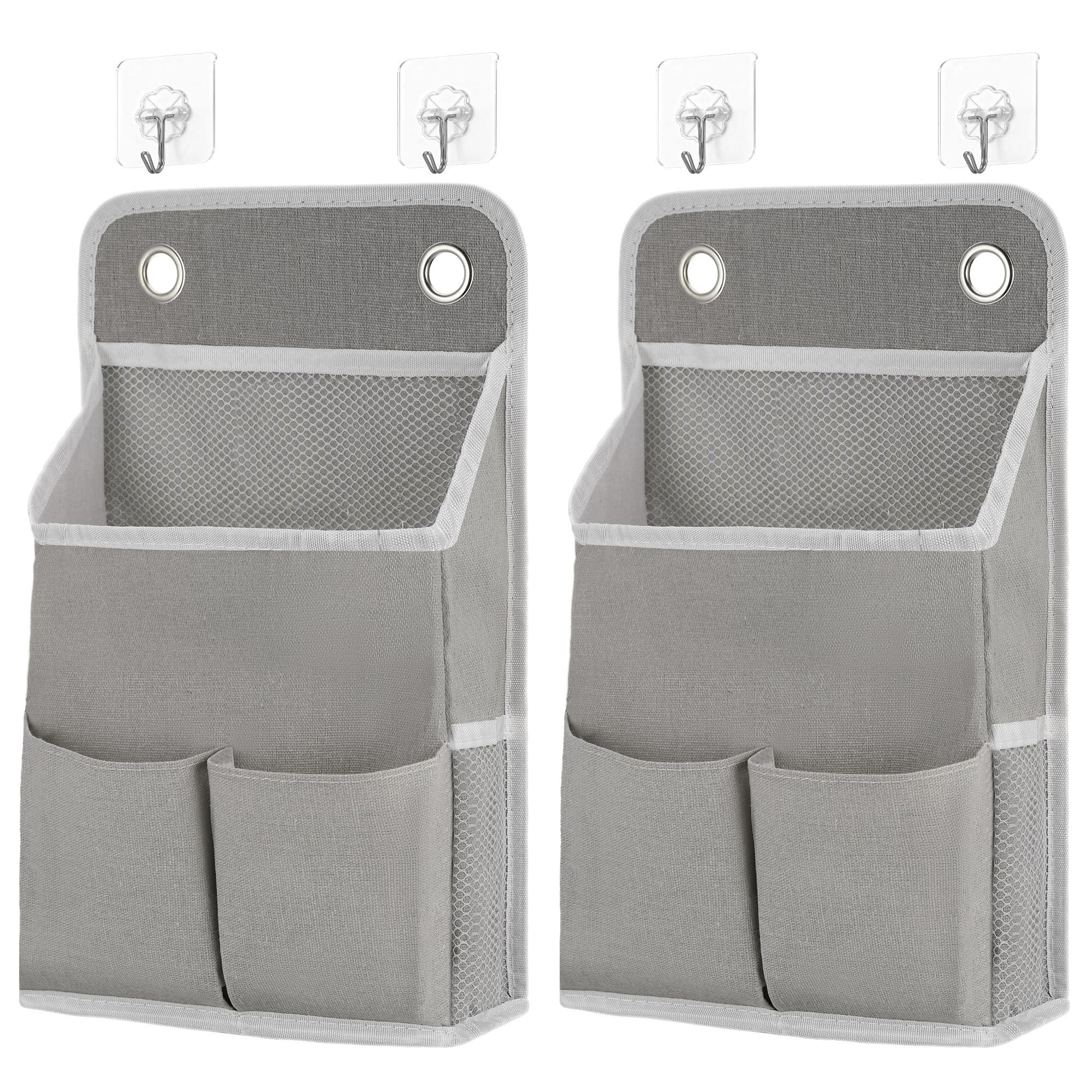 Huiguli 2Pcs Foldable Wall Hanging Storage Bag with 4 Hooks, 5-Pockets Hanging Organiser for Kitchen, Bedroom, Office (Grey) ﻿