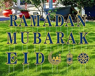 Memorywuu 20 Pcs Ramadan Mubarak Yard Signs 17 Letters 3 Patterns with Stakes Outdoor Eid Islamic Festival Celebration Party Decorations for Home Cheerful Ramadan(Novel Style,Blue and Gold)