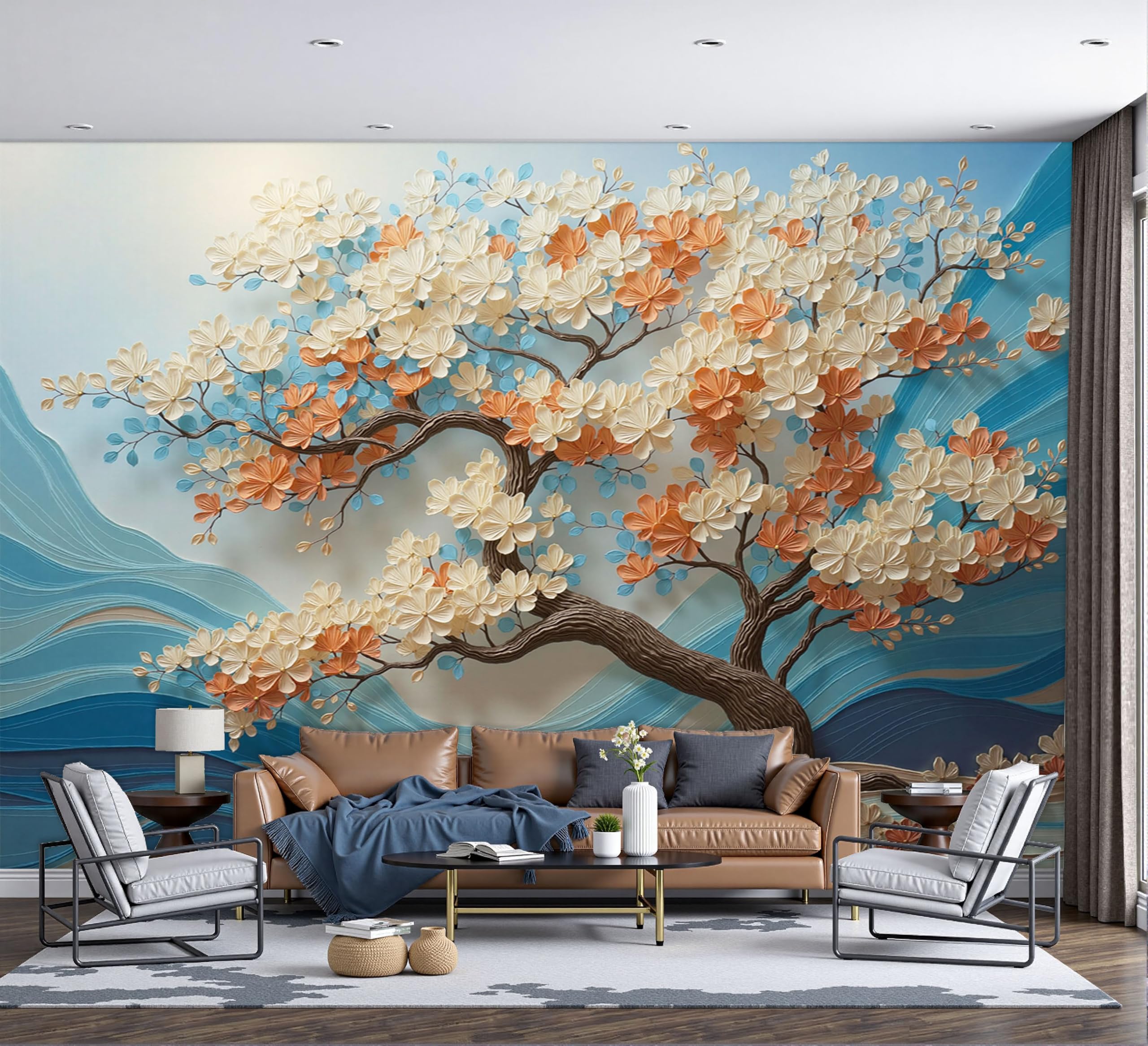 Papier peint reliefs d'arbres et fleurs 3D bleu marine salon