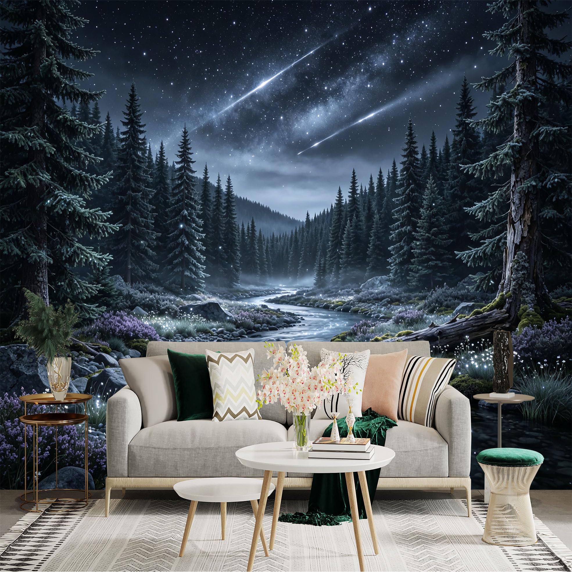 Lnzczhyre Bh260719813 Custom Size Wall Sticker Mural， Enchanted Forest With Flowing River， Milky Way Night Sky， Glowing Flora And Celestial Scenery， For Wall Decoration， Peelandstick Wall Decals.