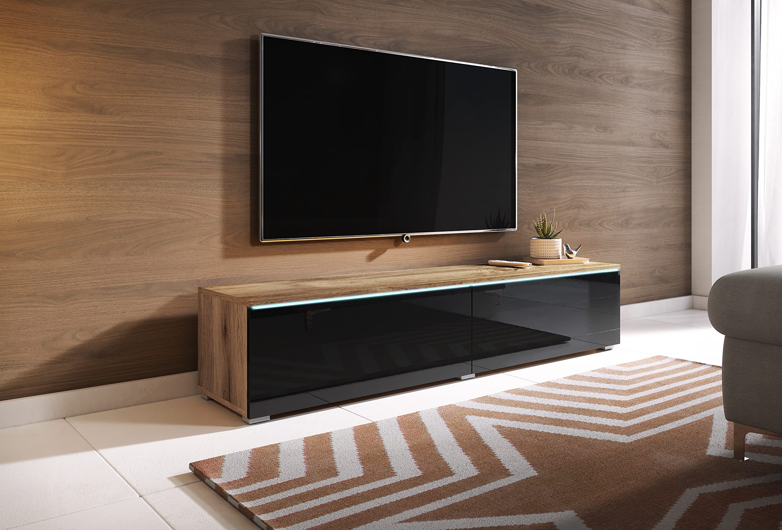 PIASKI Mobile TV Lowboard D 140/180 cm, Galleggiante, Colore Wotan Nero, Illuminazione a LED Opzionale (Senza Illuminazione a LED, 140 cm)