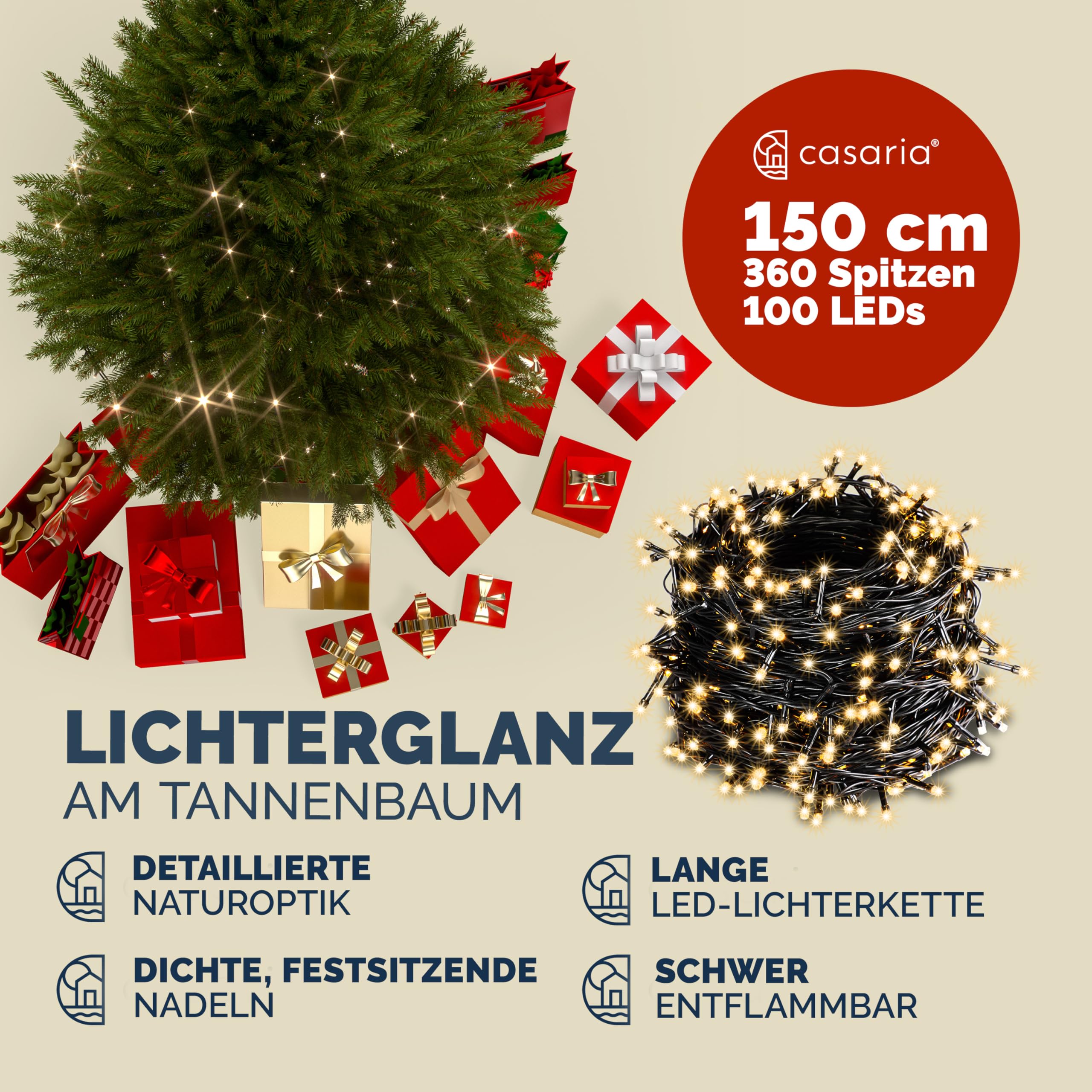 CASARIA® Weihnachtsbaum künstlich 150 cm Lichterkette 100 LED Tannenbaum mit Beleuchtung wie echt Stecksystem dichte Spitzen stabil schwer entflammbar | mit Beleuchtung, Lichterkette, 100 LED, Tannenbaum, dichte Spitzen, stabil, schwer entflammbar, Stecks