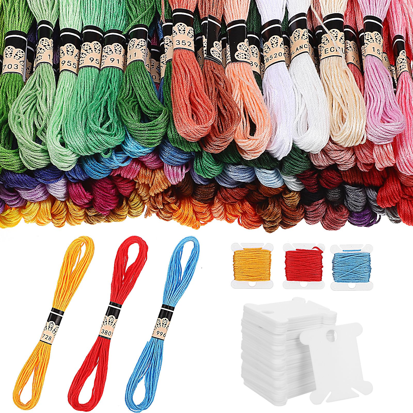 ORFOFE de Hilo de Bordar Hilo Brillante y Flexible 100 Bobinas de Algodón Multicolor con Tarjetas de Plástico Que No Se Desvanece para Proyectos de Bordado y Punto de Cruz