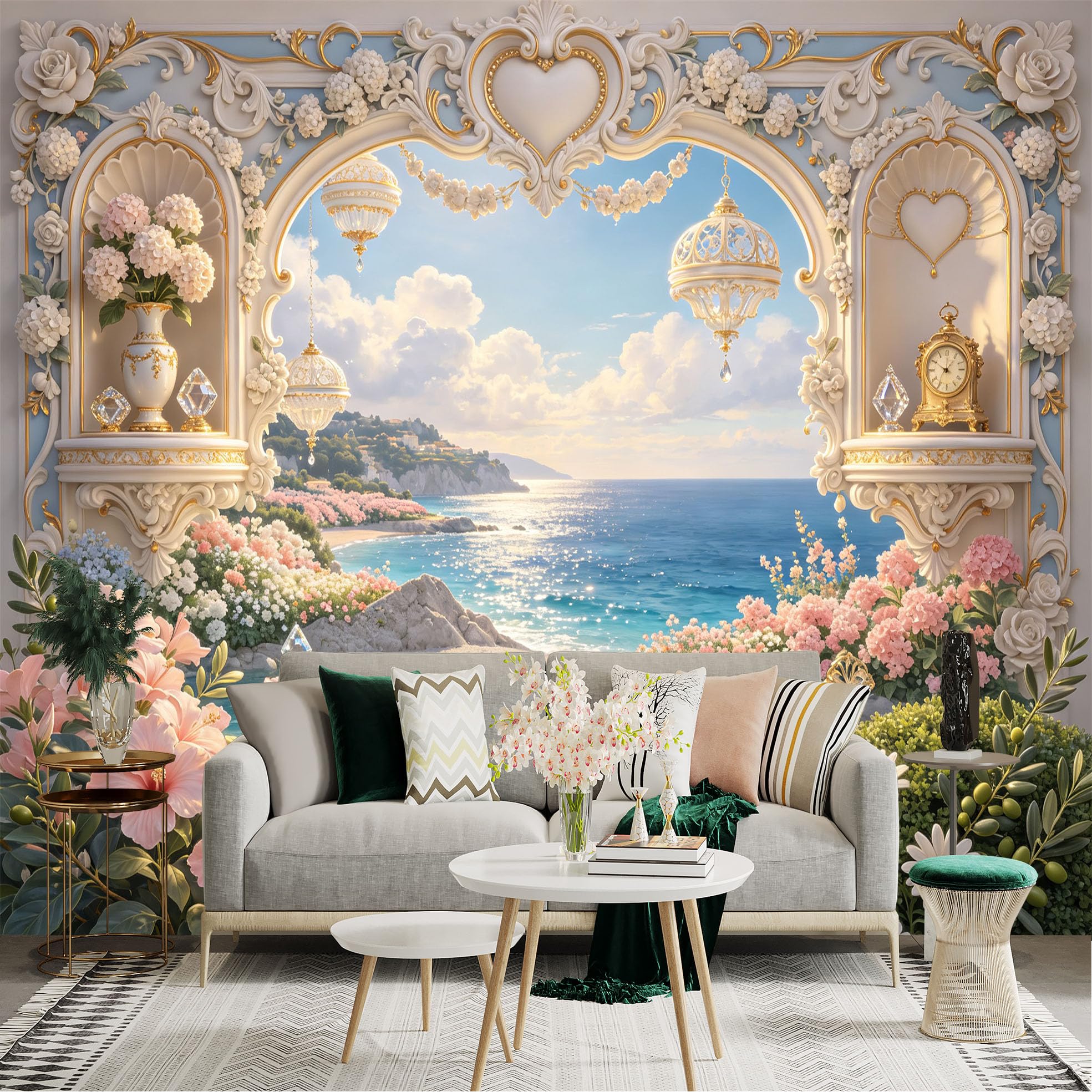 Lnzczhyre Bh260719197 Custom Size Wall Sticker Mural， Elegant Coastal Archway With Blooming Flowers， Sparkling Ocean View， Golden Ornate Decor， For Wall Decoration， Peelandstick Wall Decals.