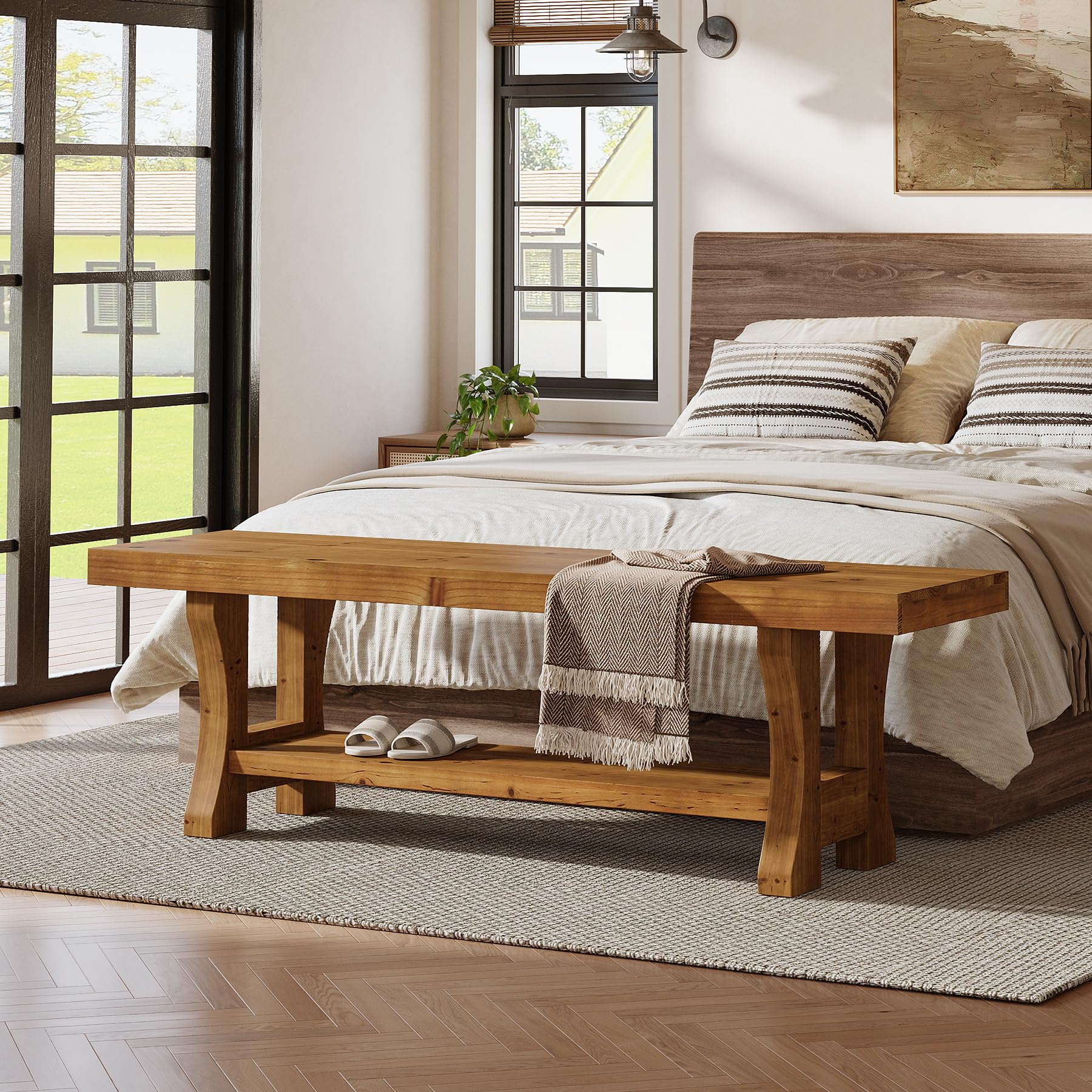 Solid Wood Entryway Bench, 55" End of Bed Bench, Long Indoor Dining Seat for Hallway, Bedroom, Living Room, Dining Room, Easy Assembly, Brown