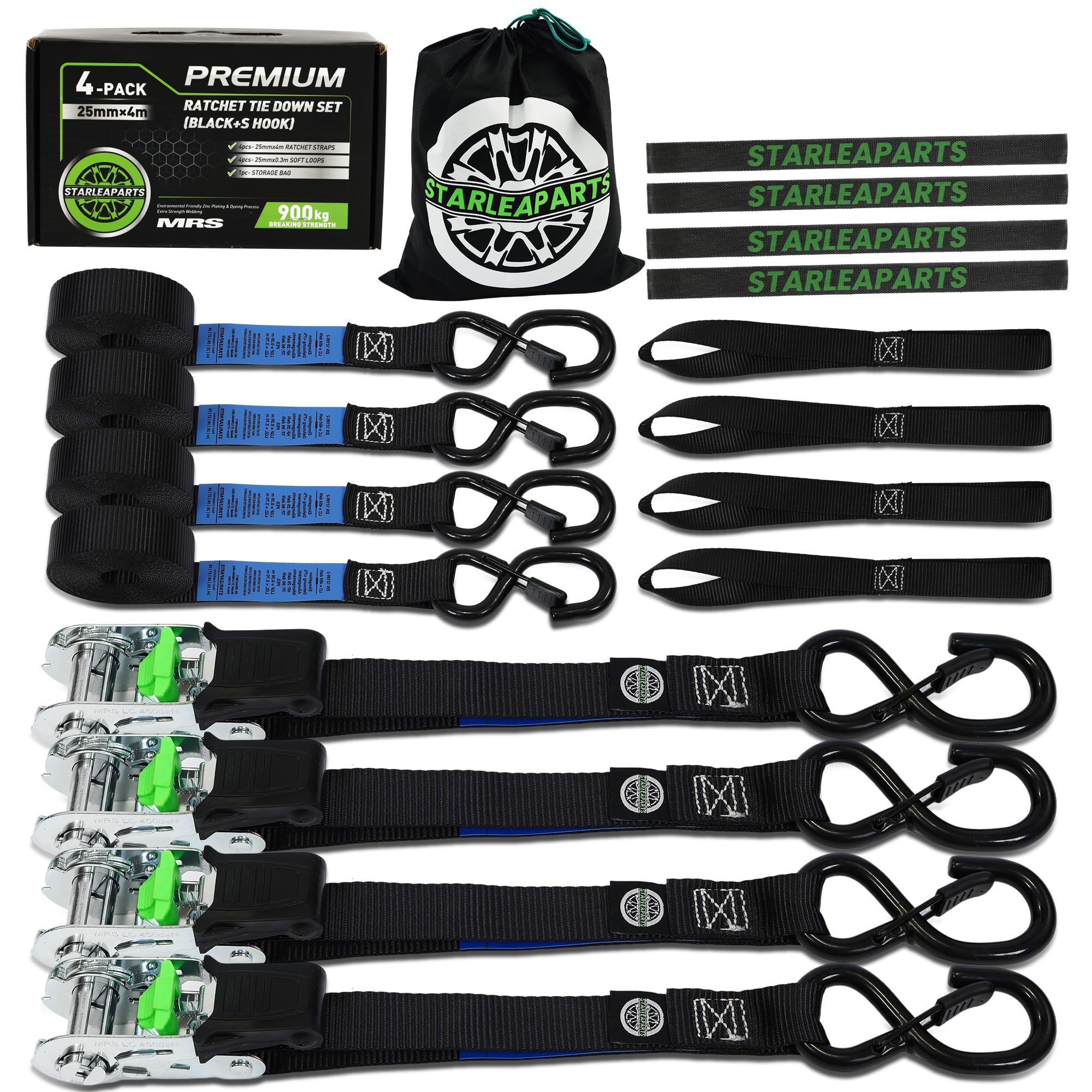 StarLeaparts Spanngurte mit Ratsche 4 Stück, 900kg Bruchfestigkeit - 25mm x 4m Zurrgurte mit Ratschen Satz, Spanngurte mit Haken für Motorrad, Umzugsgeräte und Fracht, Schwarz