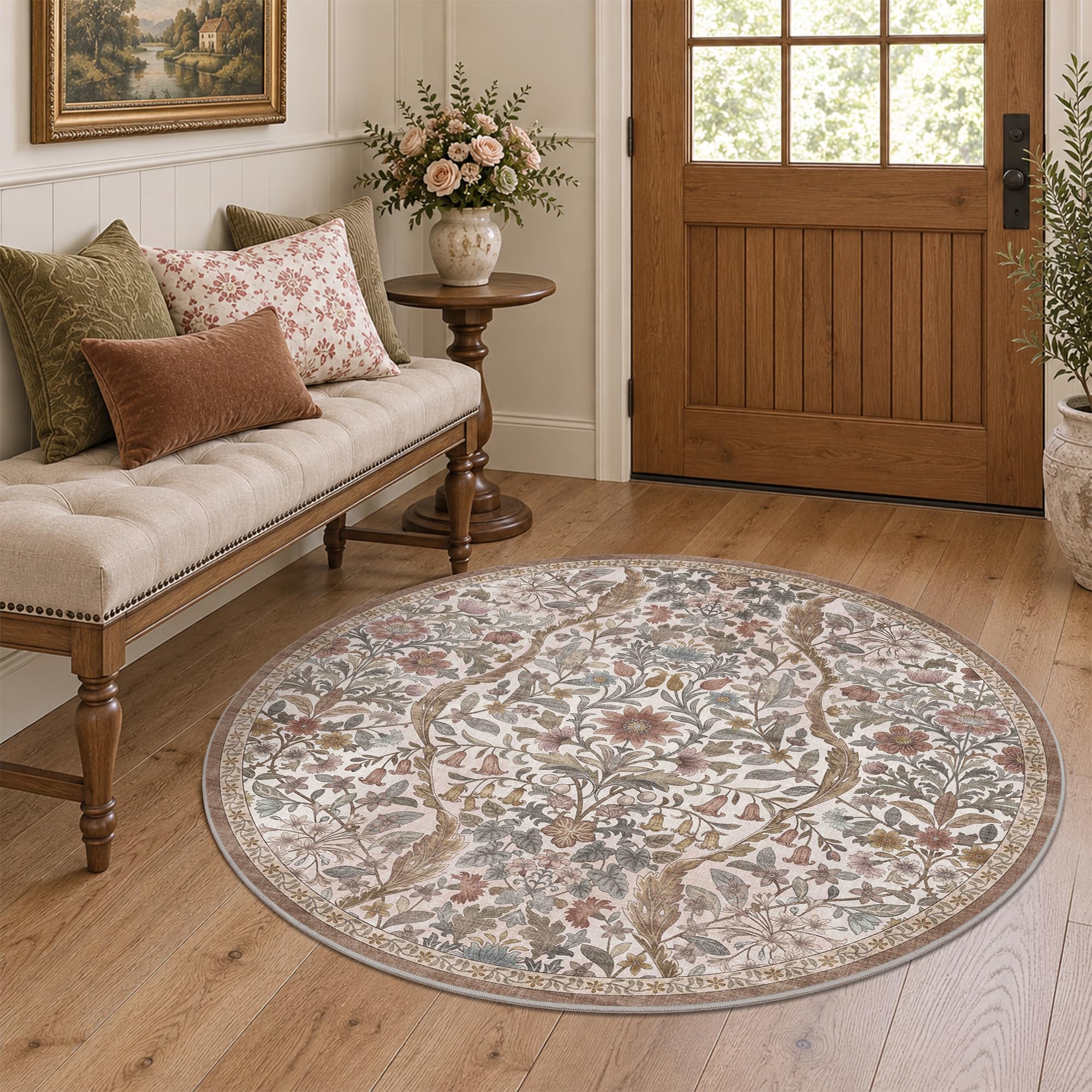 Round Rug 4ft Floral Circle Rug Green Botanical Indoor Area Rugs