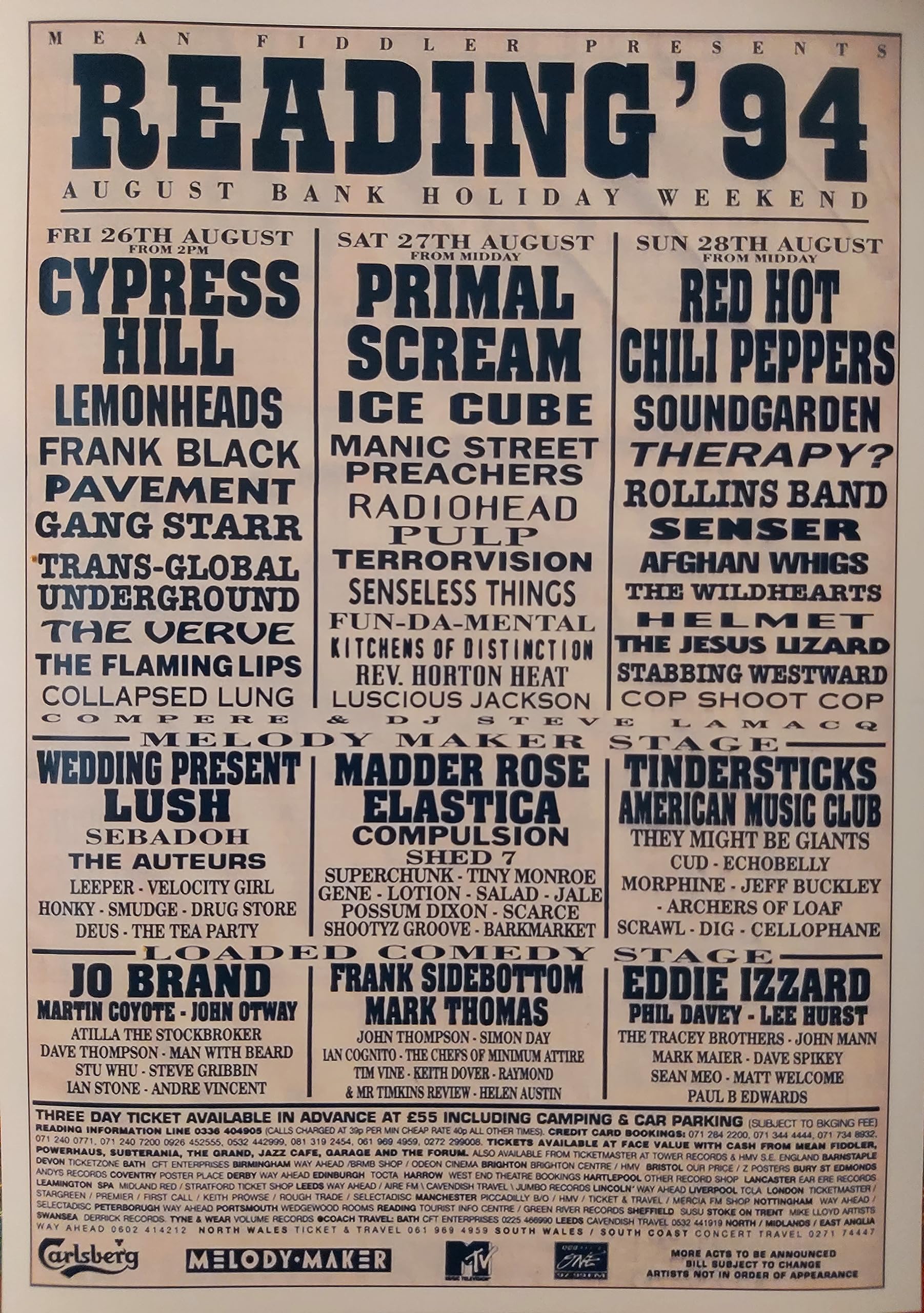 Multicoloured Reading Festival 1994 Line-Up - Cypress Hill - Primal Scream - Ice Cube - Red Hot Chili Peppers - Souvenir Print