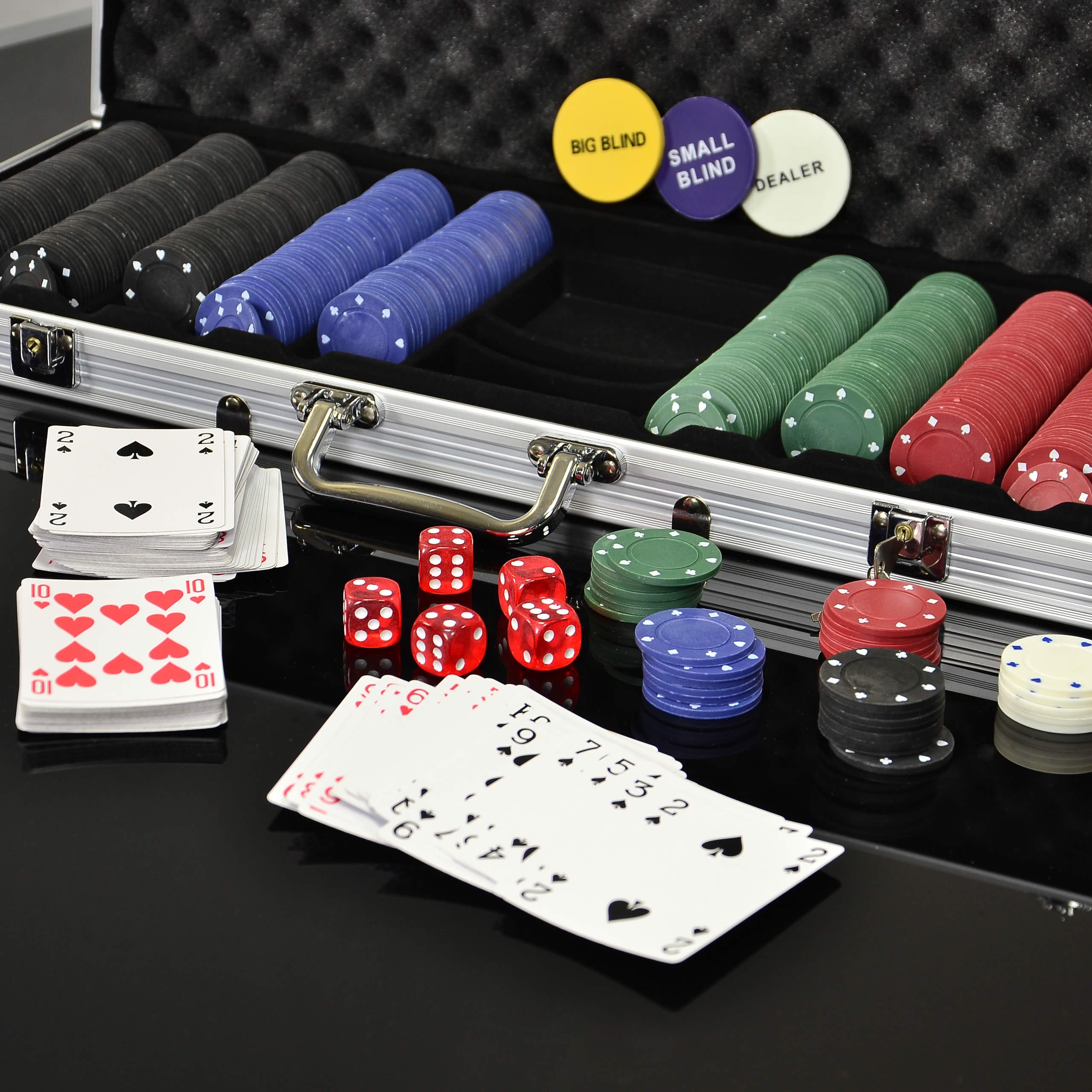 Nexos Trading Pokerkoffer Starter-Poker-Set mit 500 Poker-Chips im Alu Koffer mit 2 Schlüssel Silber inkl. 2 Kartendecks 1 Dealer Button 5 Würfel