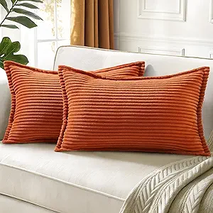 decorUhome Fall Corduroy Rust Throw Pillow Covers 12x20 Set of 2 Decorative Soft Boho Striped Lumbar Neutral Euro Farmhouse Couch Pillow Cases with Broadside for Living Room Bed Sofa