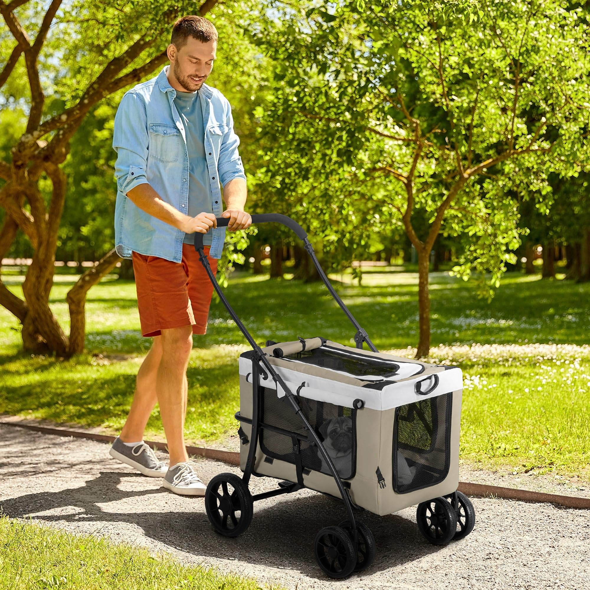 PawHut Carrito para Perros 4 en 1, Cochecito para Perros Plegable, Transportín para Mascotas con Vagón Desmontable, Cojín, Carga 10 kg, para Pequeños, Caqui