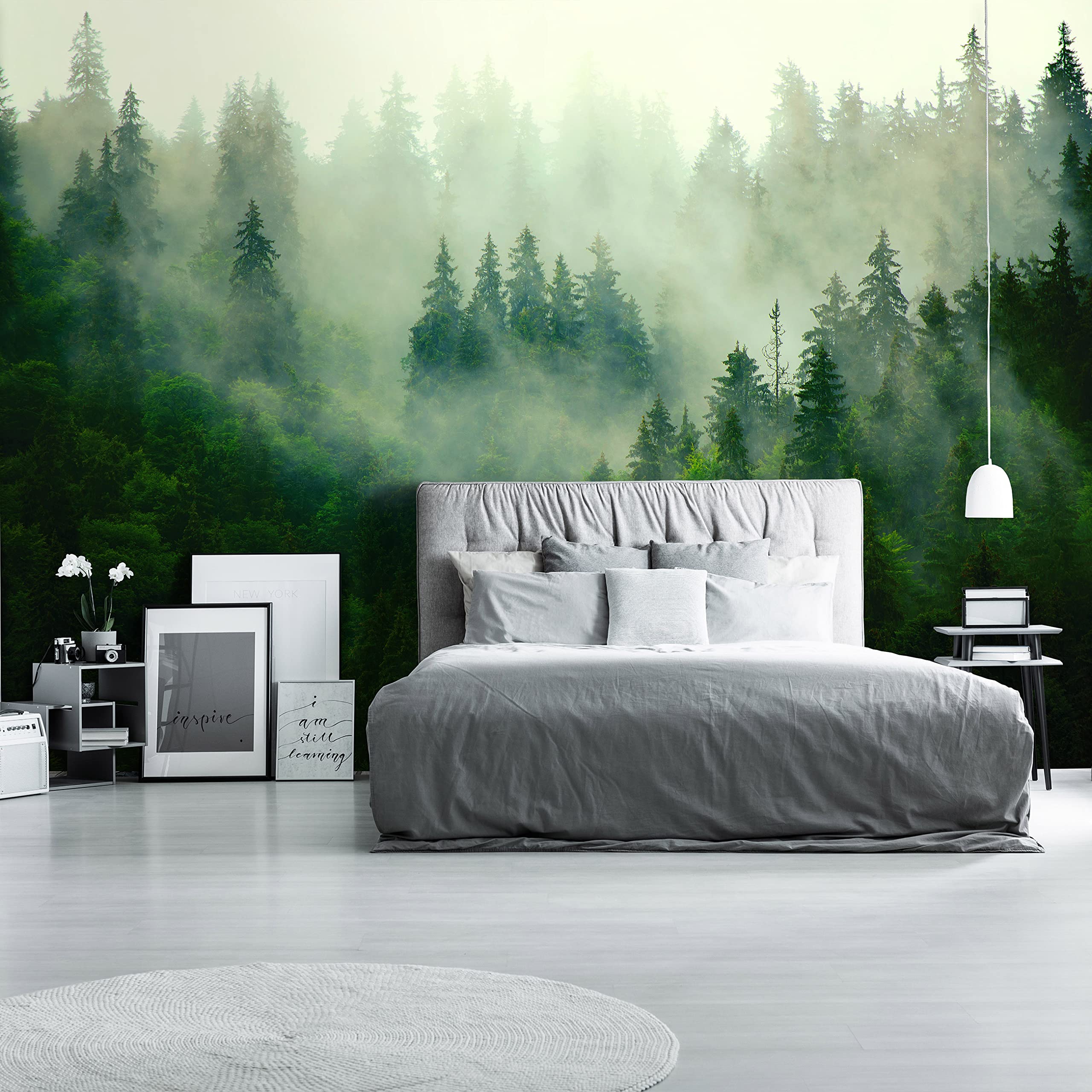 Fototapeta z włókniny, motyw lasu w mgle i drzew, panorama, naturalna, efekt 3D, łącznie z klejem do salonu, sypialni, tapeta ścienna, odporna na działanie promieni UV, gotowa do montażu (312 x 219 cm - 3 pasy)
