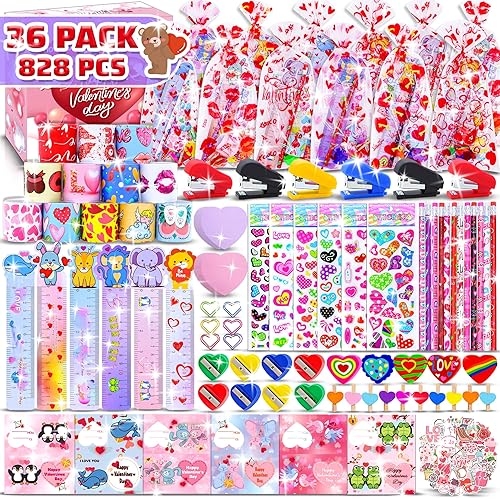 HOLILURE 828 Pcs 36 Pack Valentine's Day Gifts for Kids Classroom, Valentine's Day Stationery Set Party Favors Classroom Prize Goodie Bag Stuffers Gift Exchange Stationery Kit Party Supplies