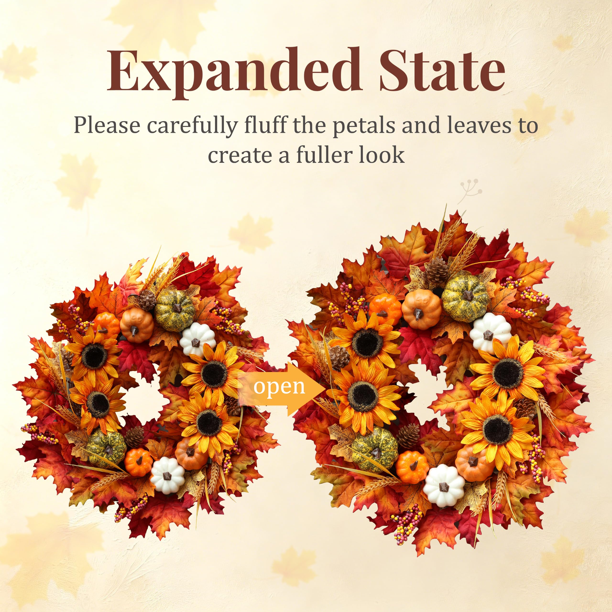 Couronne d'automne de tournesol pour porte d'entrée avec feuilles d'érable | Couronne d'automne artificielle avec pommes de pin pour Thanksgiving, Halloween, décoration de fenêtre, mur, ferme