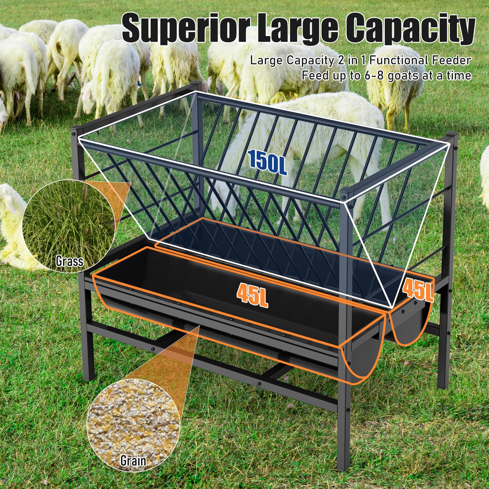 Mangiatoia per Fieno di Capra 2 in 1 Mangiatoia per Fieno e Cereali Alimentatore Mangiatoia Fieno per Cavalli Supporto per Fieno per Bestiame 107*65*90cm