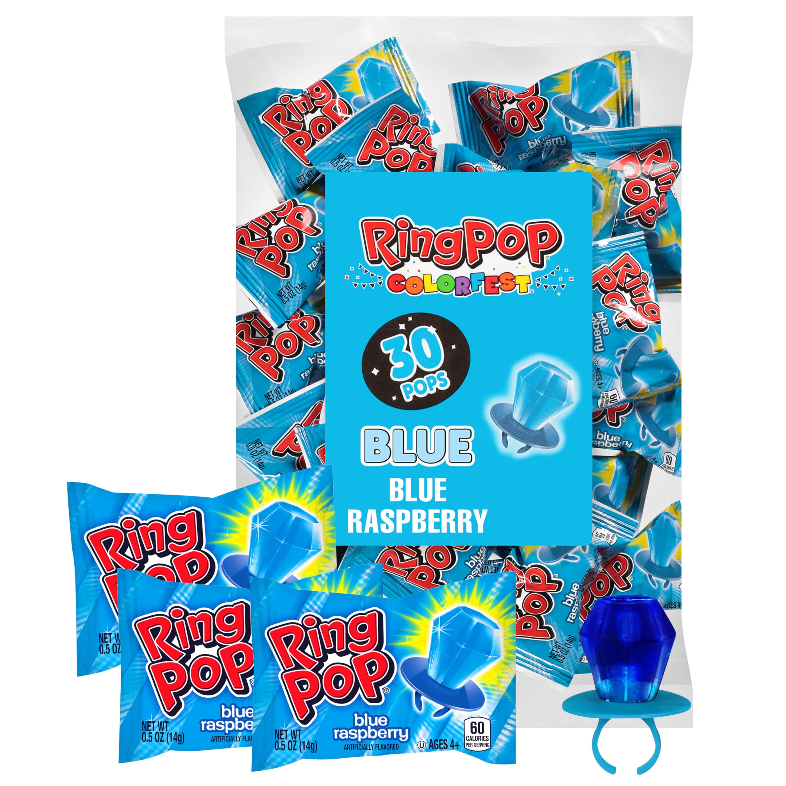 Ring PopIndividually Wrapped Blue Halloween Candy, 30 Ct Bulk Lollipop Pack, Raspberry Flavored Lollipop Suckers for Kids, Fun Candy Bulk for Trick or Treat, Halloween Bowls, Gifts, Party Favors