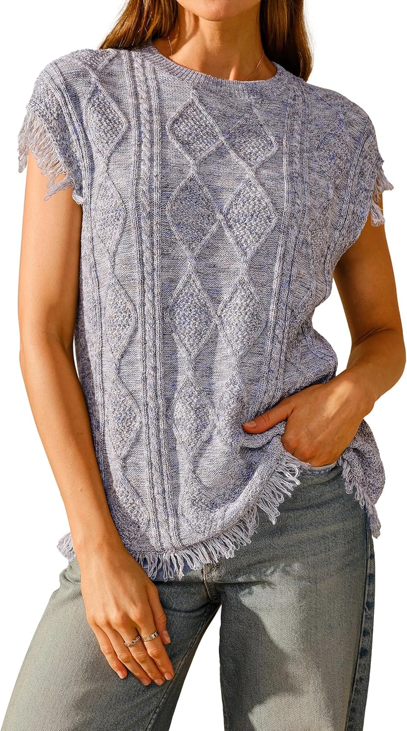 Arach&Cloz Women's Cozy Cotton Fringe Cable Knit Western Outfits Fall Sweater Vests 2025