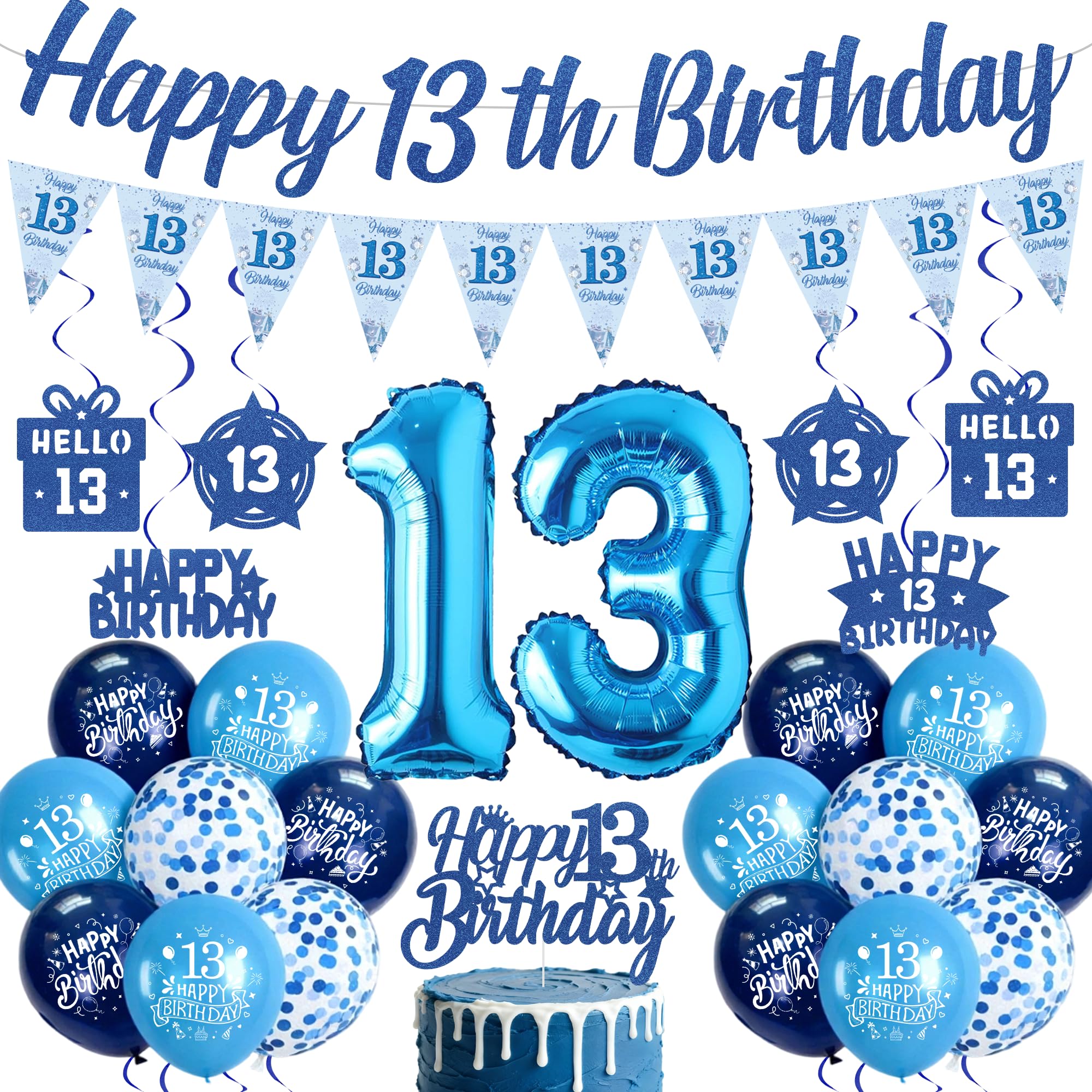 13th Birthday Decorations for Boys, Blue 13 Years Old Party Supplies