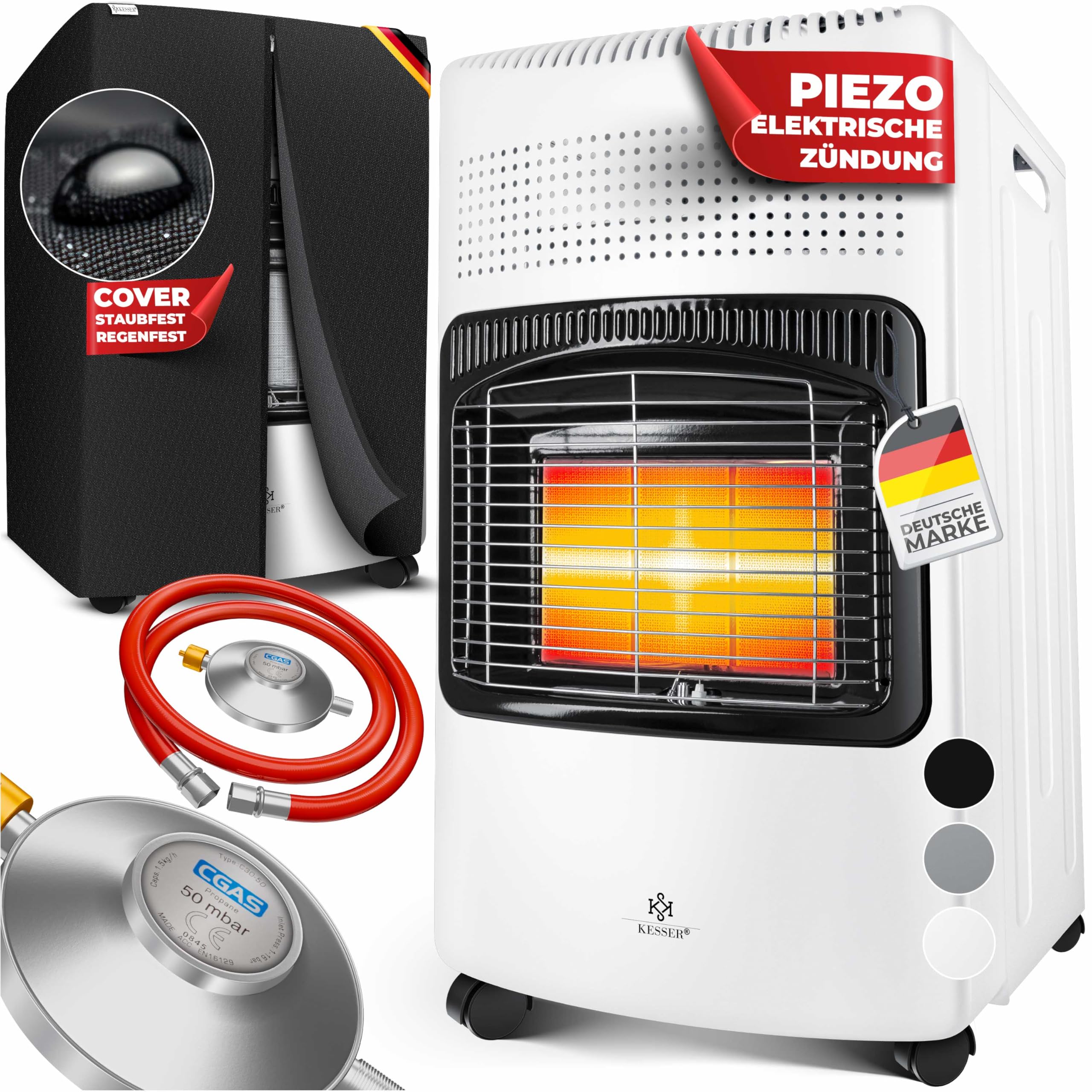 KESSER® Chauffage à gaz en céramique 4200 W avec régulateur de pression, tuyau, brûleur infrarouge, bouteilles de gaz butane