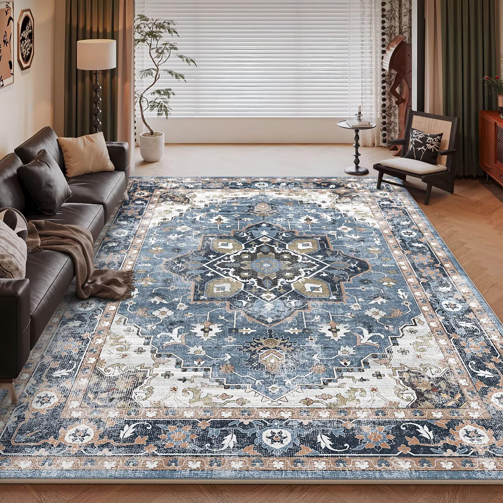 Tapis de salon bleu foncé à motif floral 80 x 160 cm