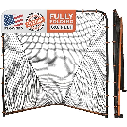 Lacrosse Goal Net (6'W x 6'H x 7'D) Folding Lacrosse Net for Backyard | Powder Coated Steel Frame, UV Treated Netting, Use with Rebounder & Backstop Goal Nets [Includes Carrying Bag & U Stakes]
