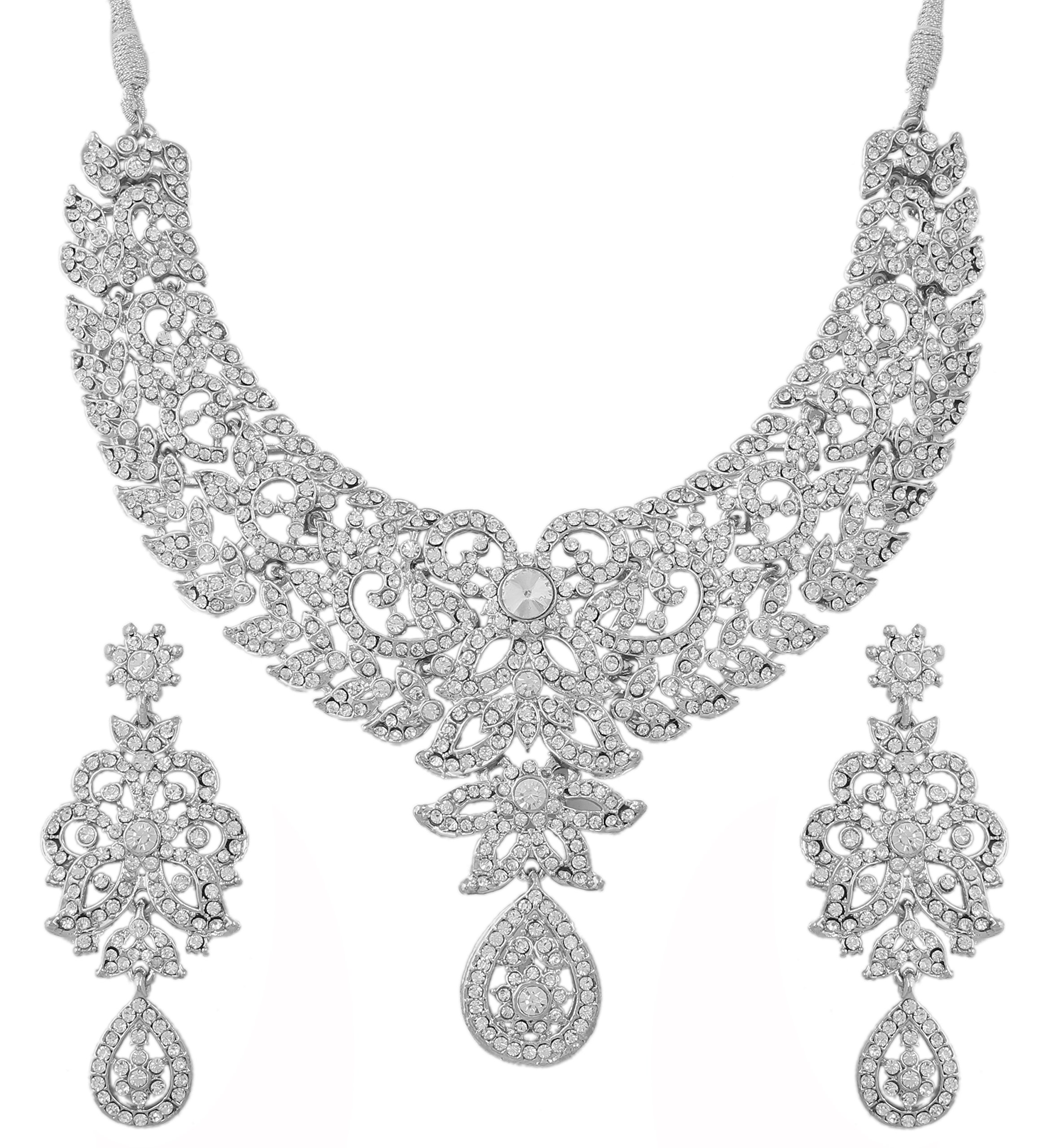 TouchstoneHollywood Glamour Pretty Filigree Paisley Motif Rhinestones Studded Diamond Look Designer Bridal Jewelry Hasli Necklace Set For Women In Antique Gold or White or Silver Tone.