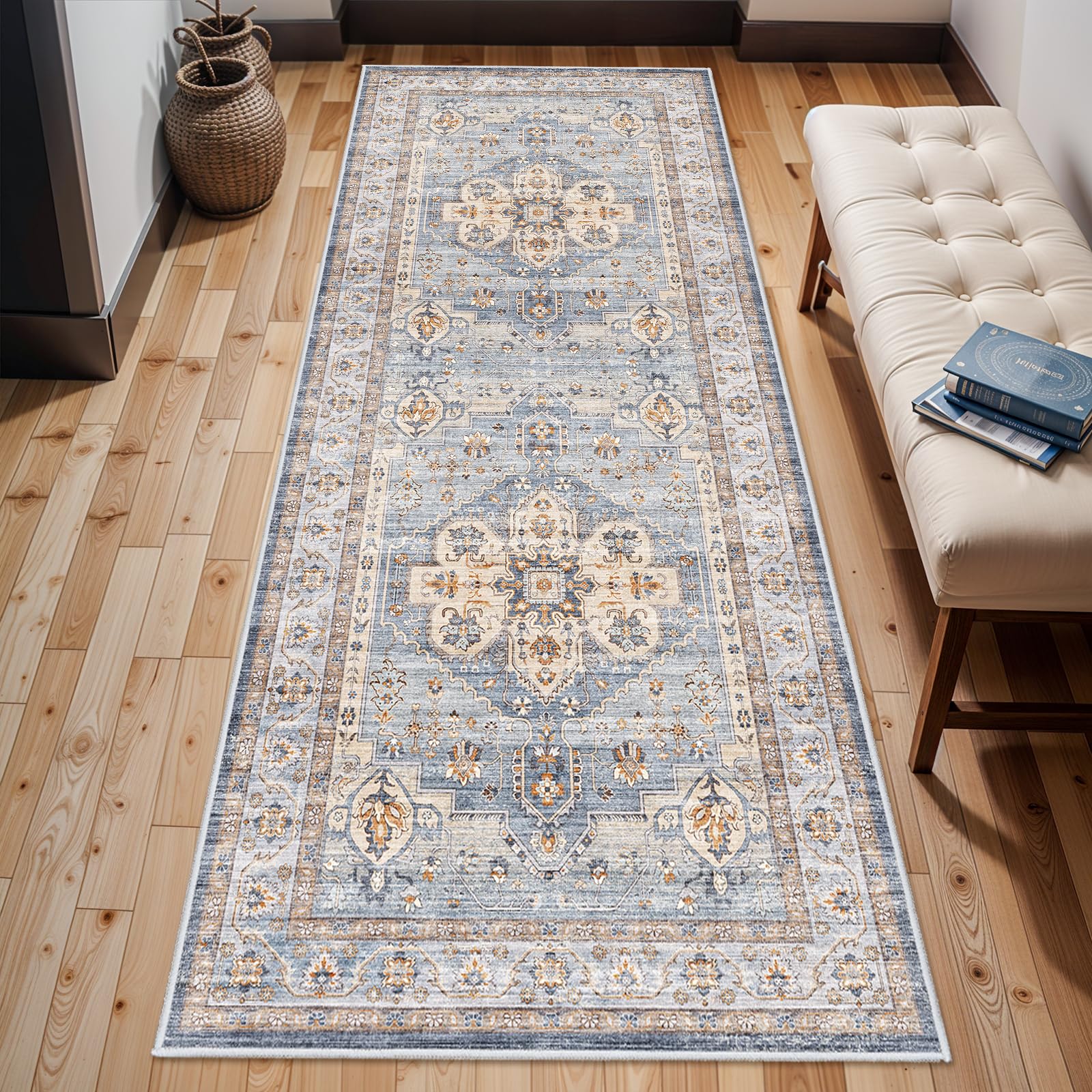 Washable Hallway Runner Rug 3x8: Non Slip Runner Rugs with Rubber Backing Soft Kitchen Rug Farmhouse Distressed Carpet Runner for Living Room Bedroom