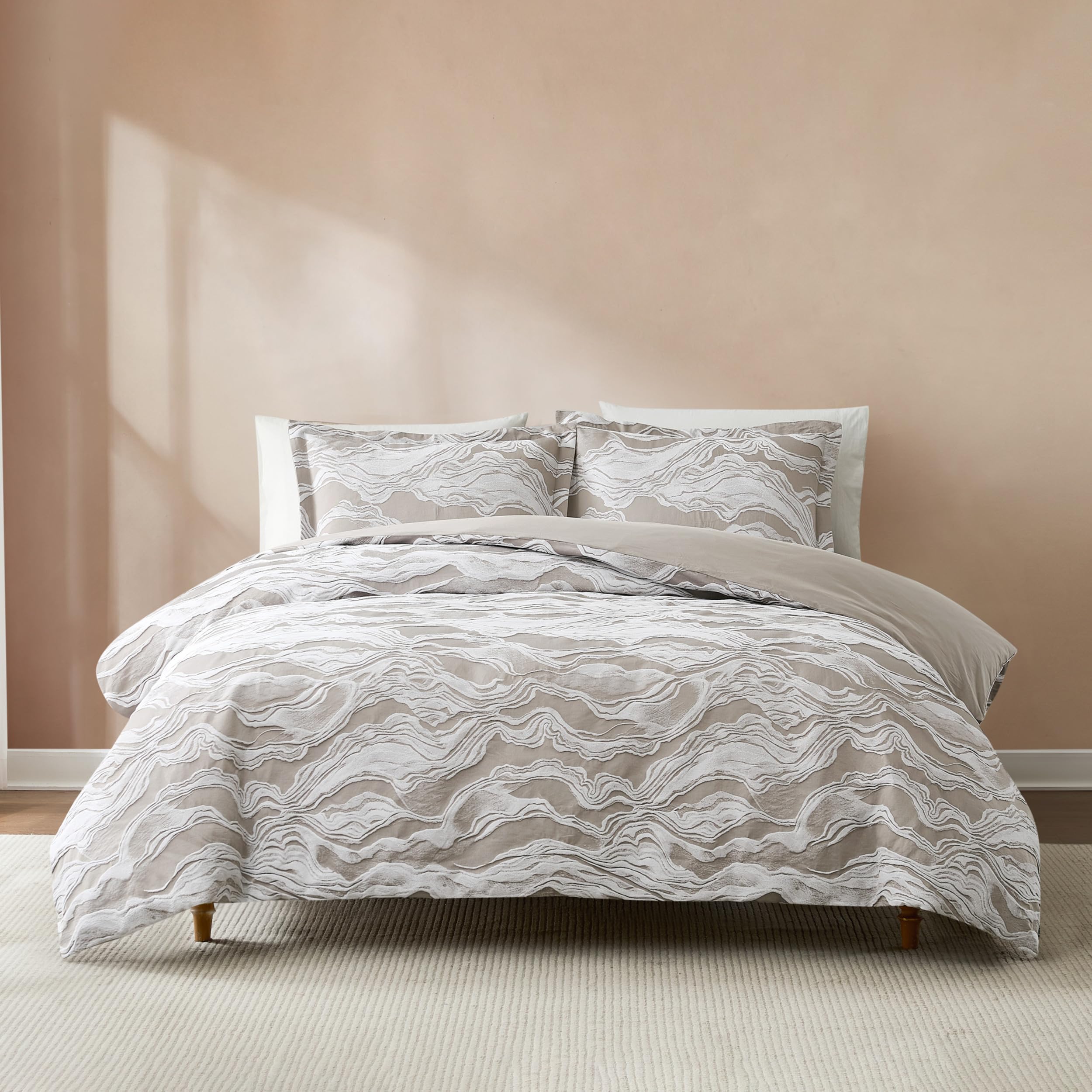 Lush Decor x Chuks Collins Cascade Wave Duvet Cover 3 Piece Set King Gray & White - Cotton Duvet Cover King - Luxury Bedding Set - Gray Duvet-image-14