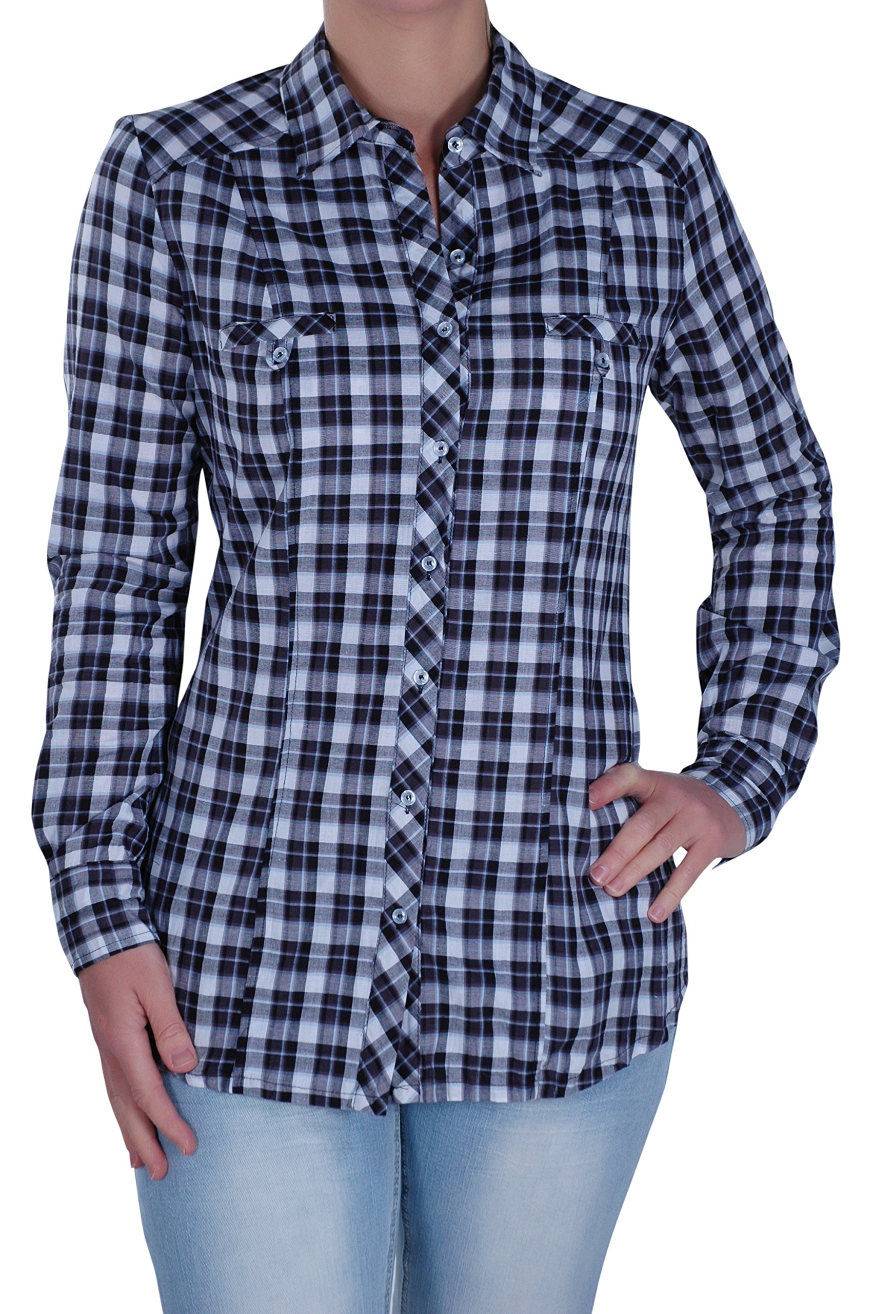 Eye Catch Womens Smart Checkered Office Work Short Sleeve Ladies Check Blouse Shirt Top Black Large