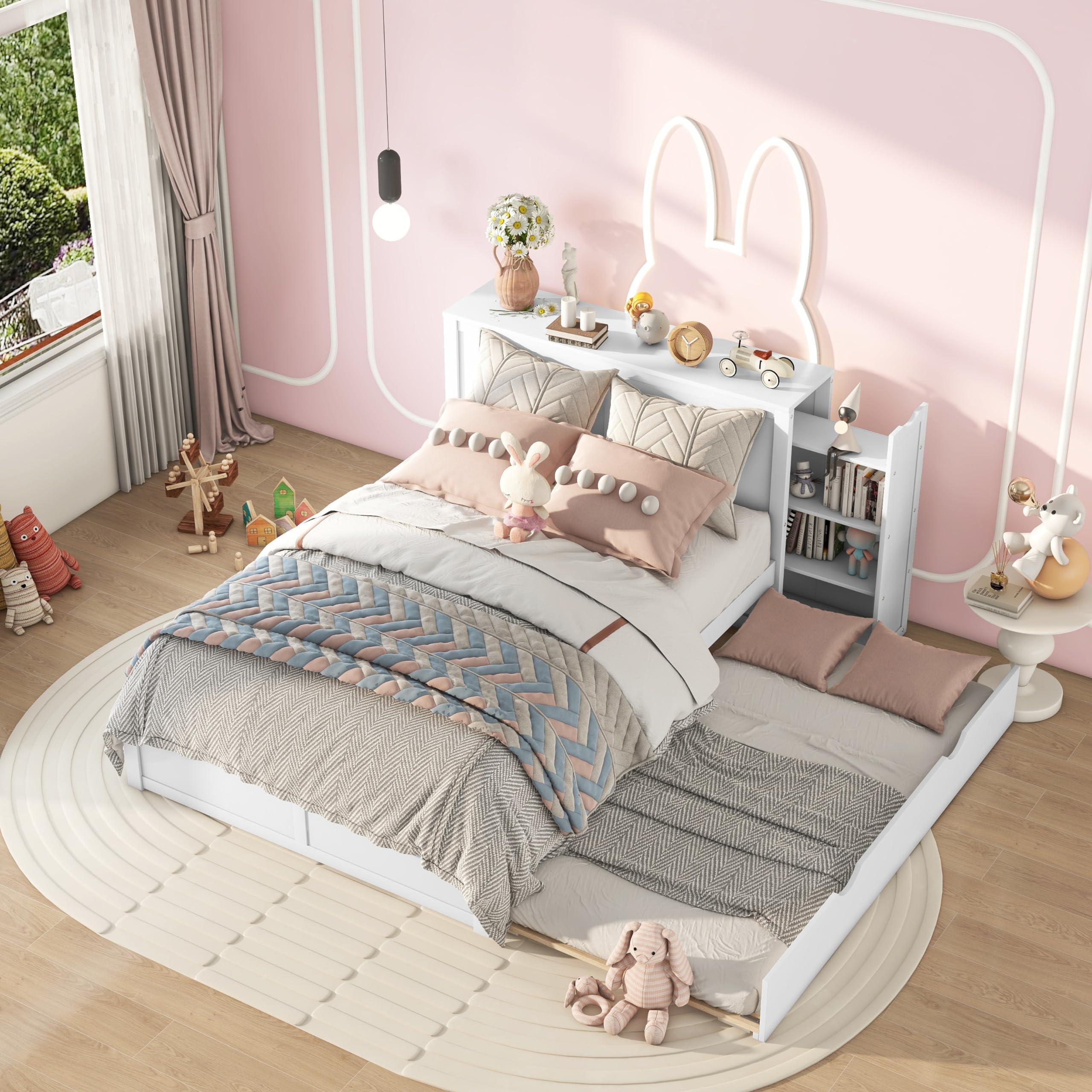 Queen Size Storage Bed with Trundle, Wood Platform Bed Frame with Storage Shelves Headboard and Twin Size Trundle Bed, Wooden Queen Beds for Kids Boys Girls Teens, White