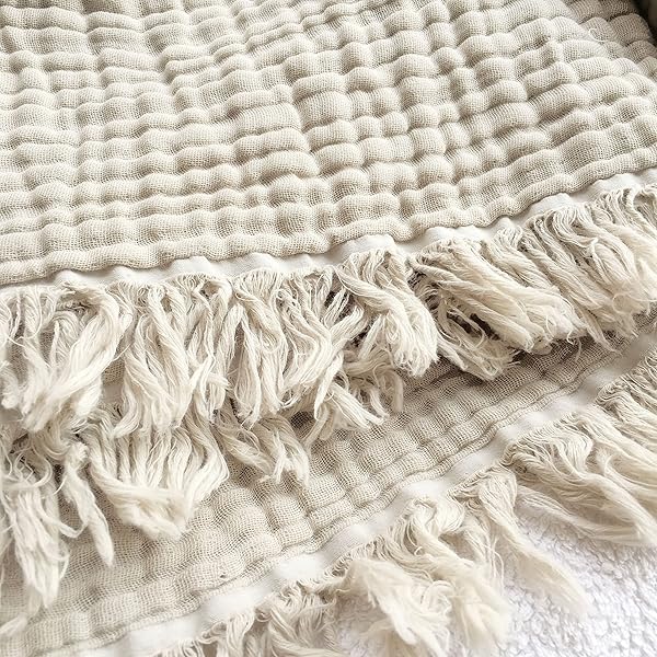 KyraHome Muslin Blankets for Adults, Kids, 50"x60", 100% Organic Cotton Throw Blanket, Plant-Dyed, Breathable Lightweight Throw Blanket for Couch, All Season (Oatmeal Khaki Tan)