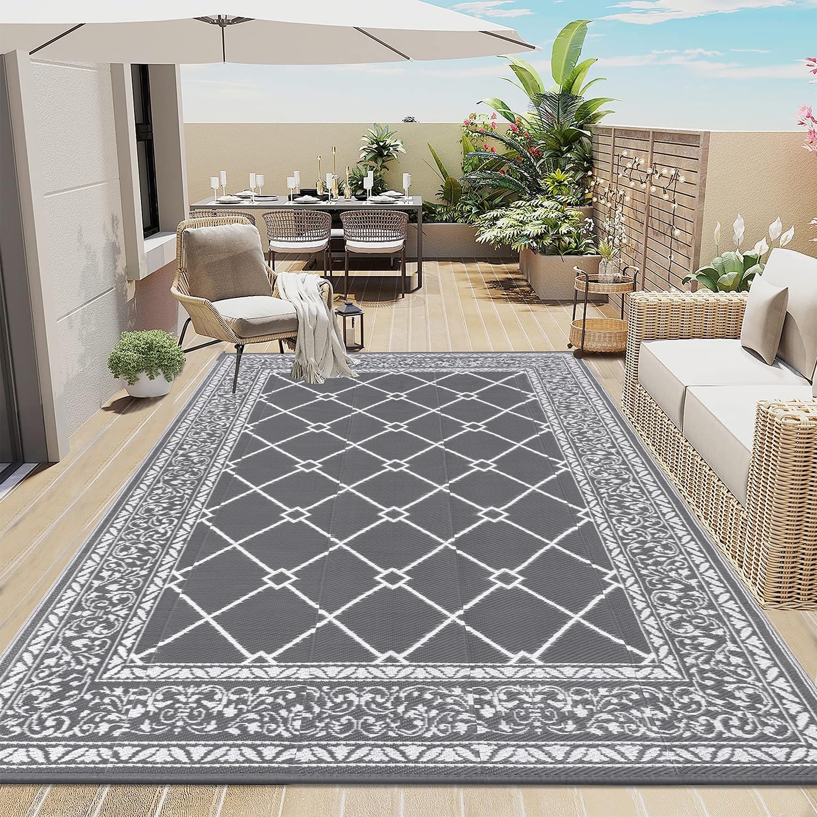 Enyhom Outdoor Rugs for Garden Waterproof, 180 x 270 cm Reversible Plastic Foldable Patio Mat, Portable Easy Cleaning Carpet Rug, Picnic Area Straw Rug for Camping Beach Deck or Living Room — image 1