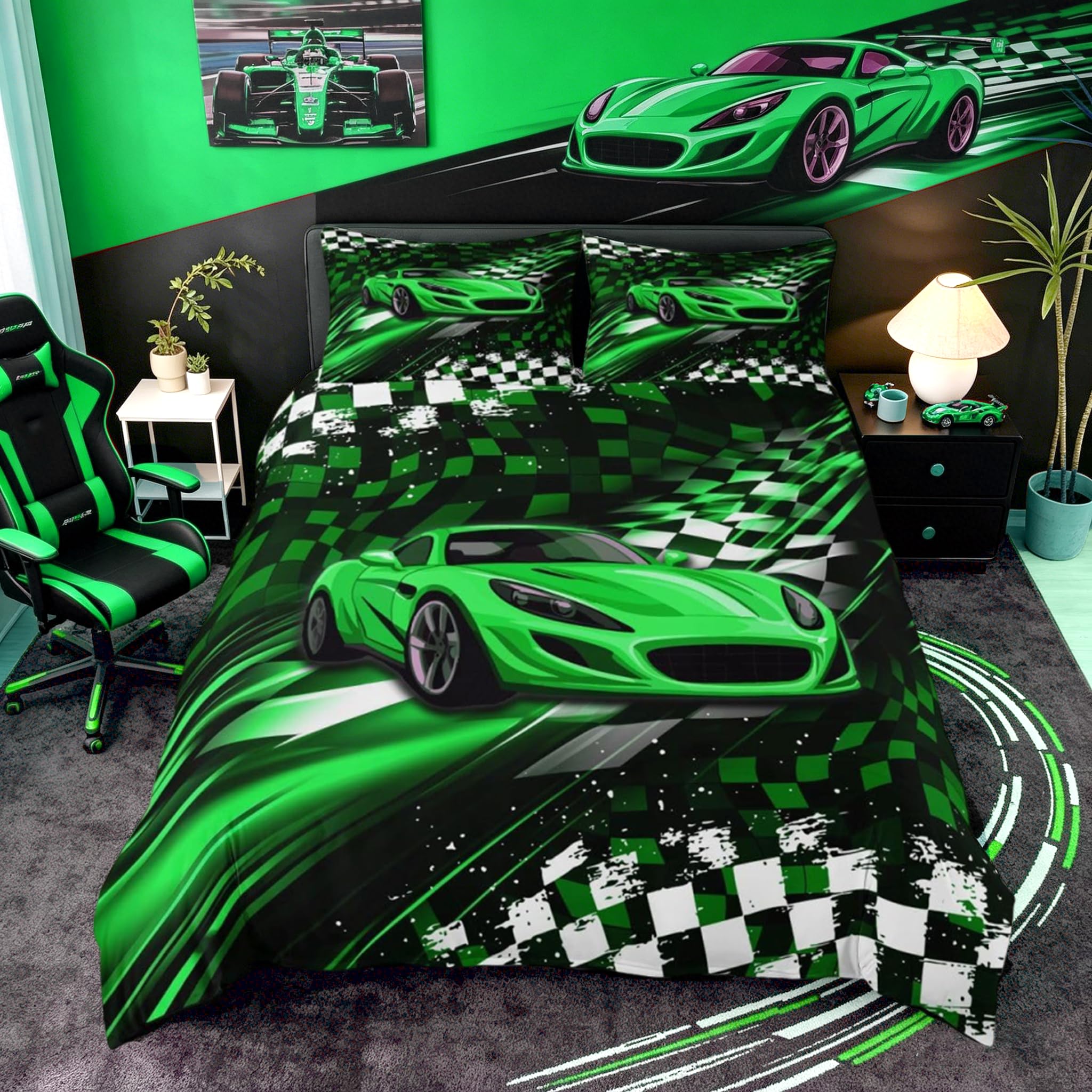 Homemissing Green Geometric Race Car Duvet Cover Set King Size For Kids Boys Girls Speed Sports Car Bedding Set Racing Flag Duvet Cover with 2 Pillowcases Grid Bedding