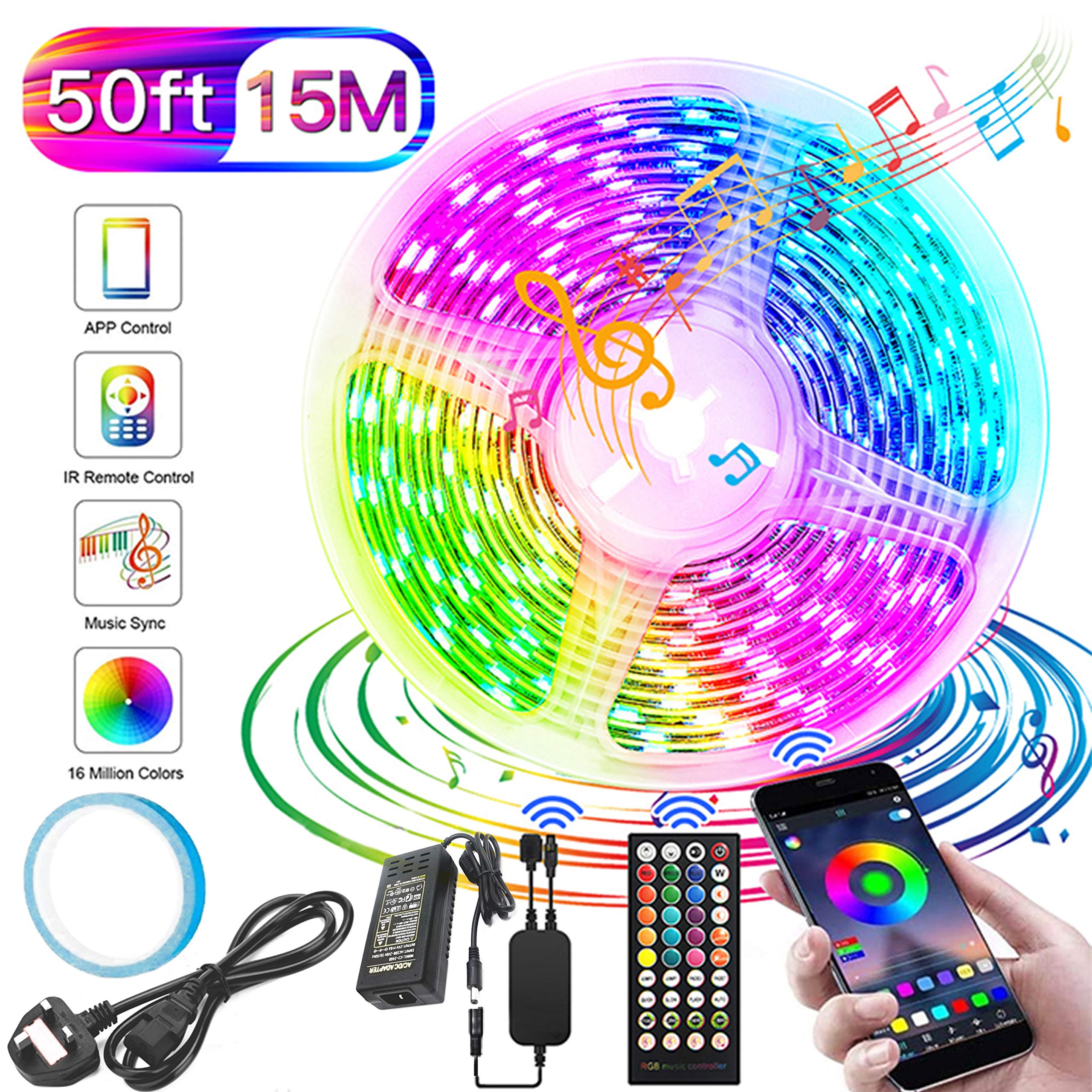 LED Strip Lights 15M,Bluetooth LED Lights Strip with Remote,App Control,Music Sync,RGB Color Changing Led Strip Light with 24V Adapter Plug Mood Light for Room,Party,Bar,DIY Home Decoration