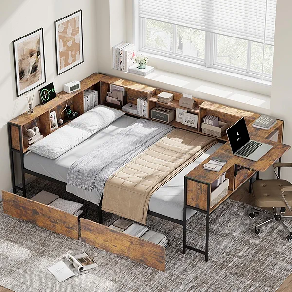 Full Corner Bed Frame with Storage Bookcase and Desktop, Daybed with Charging Station & 2 Storage Drawers, Full Size U-Shaped Metal Platform Bed for Teen & Kids, Bedroom, Living Room, Vintage Brown