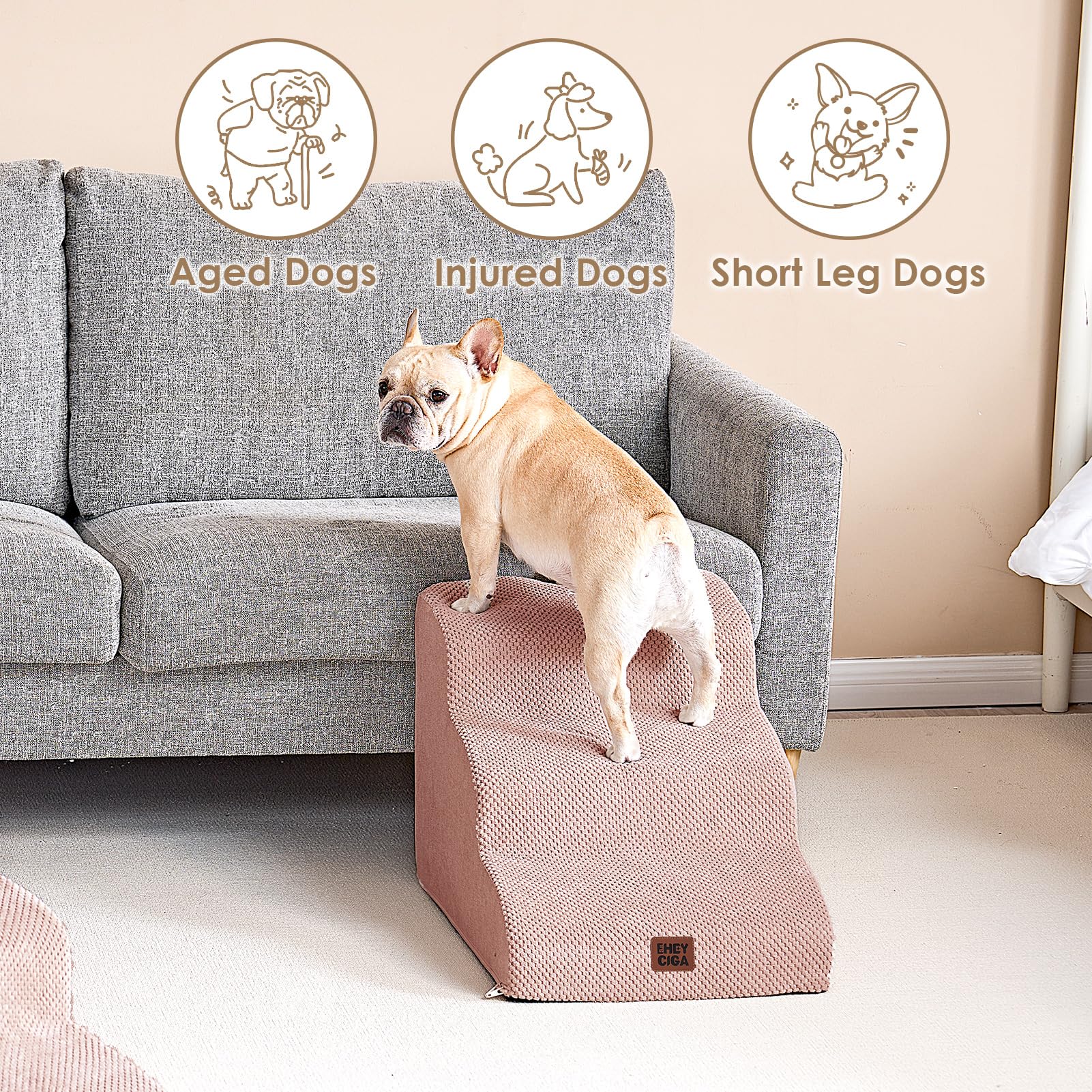 EHEYCIGA Scaletta per Cani 3 Gradini Altezza 40 cm, Scala Cane Piccoli e Gatti in Spugna per Salire su Letto e Divano, Antiscivolo Rampa per Cani con Rivestimento Rimovibile e Lavabile, Grigo Rosa