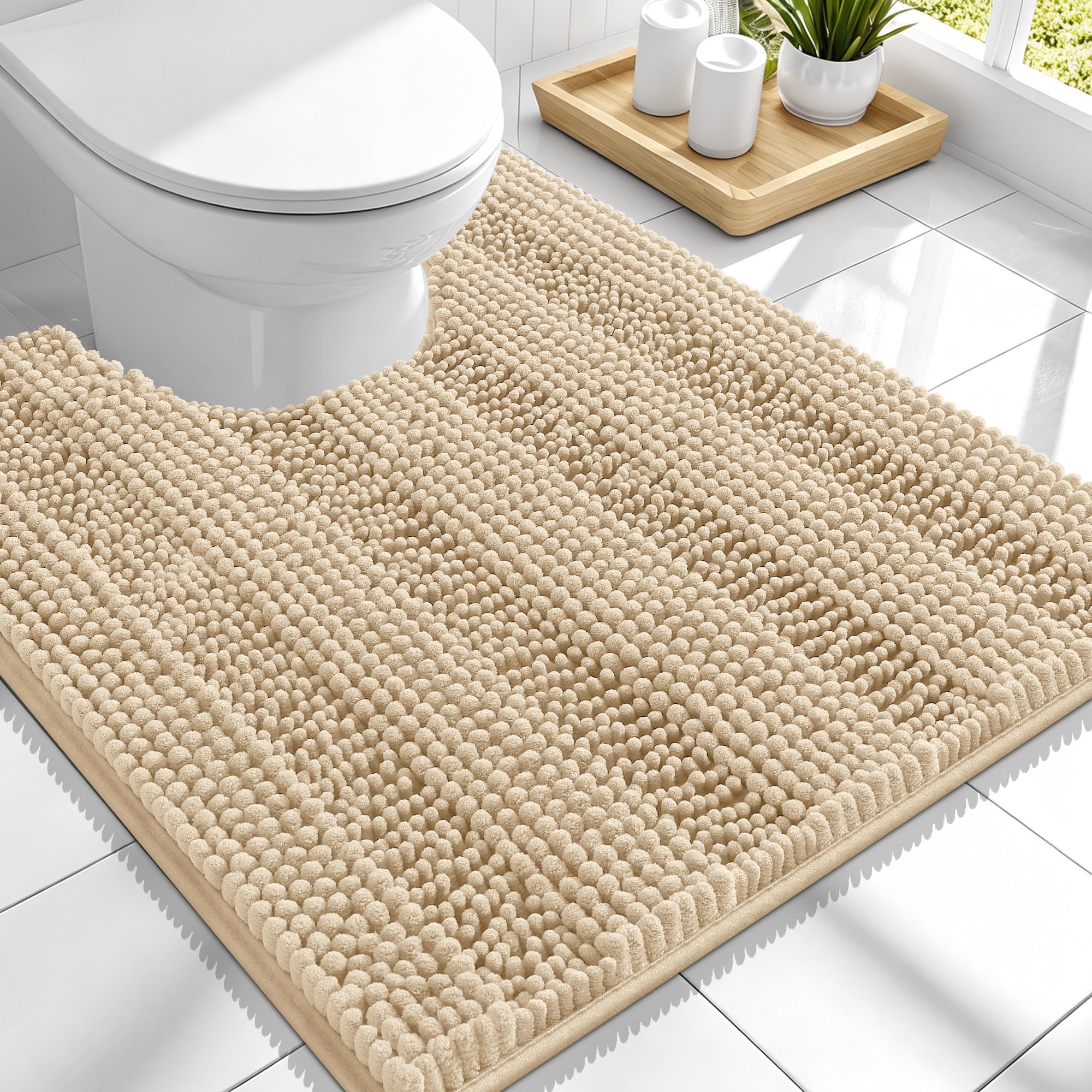 Smiry Thick Chenille Toilet Rugs U-Shaped 24x20, Absorbent Bath Mat, Beige